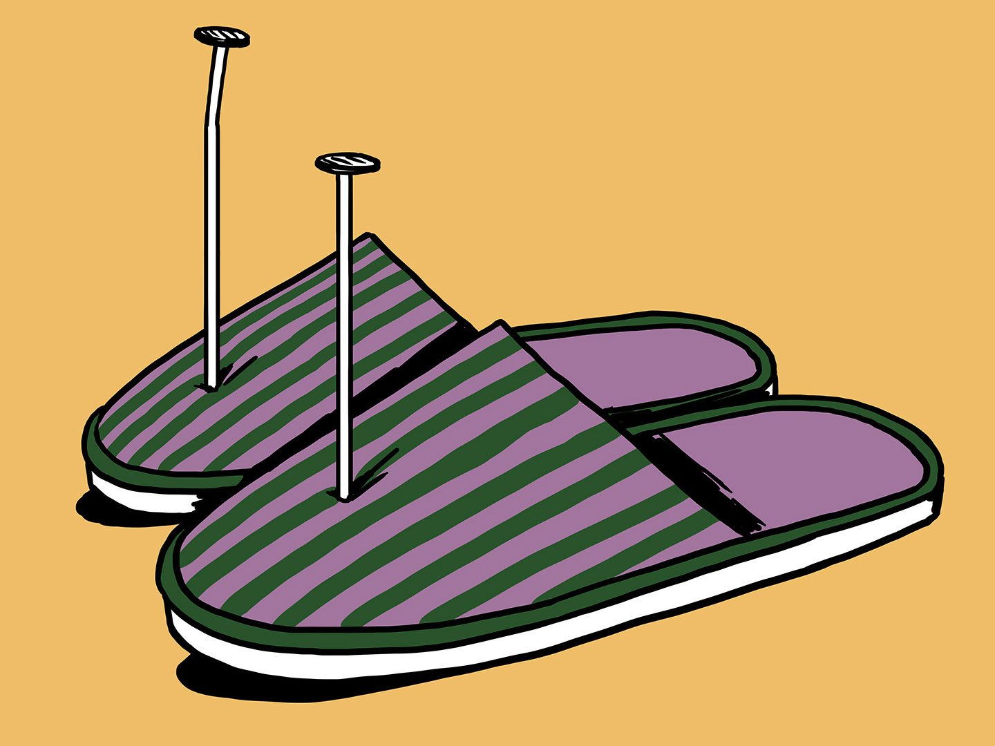 A colourful illustration of a pair of slippers with metal nails through the toes.