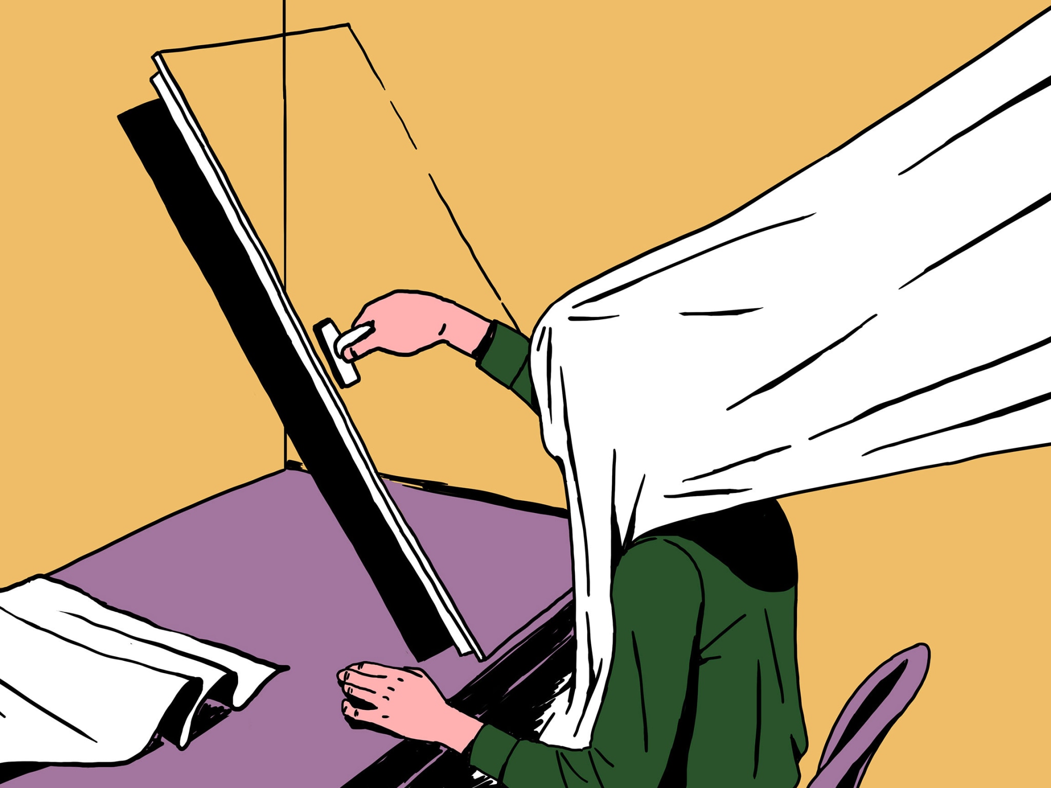 surreal illustration of a person wiping a glass screen with blanket over their head