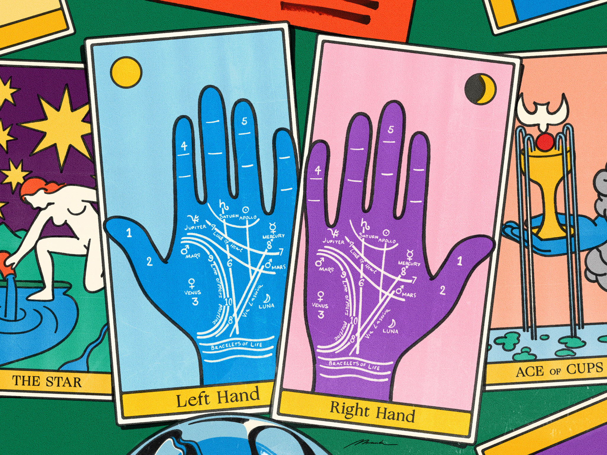 A colourful illustration of tarot cards with hands on them.