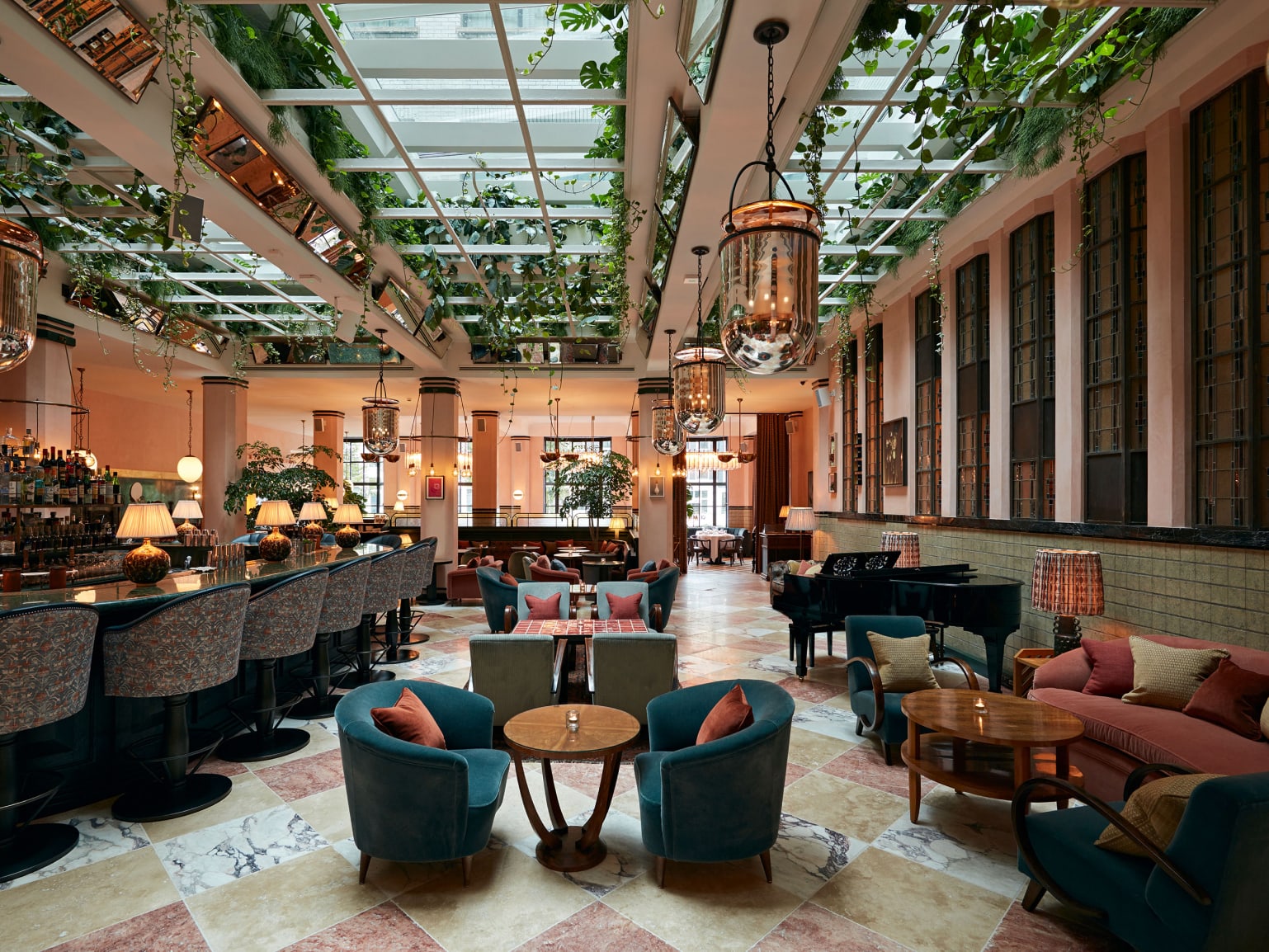The interior of a restaurant and bar.