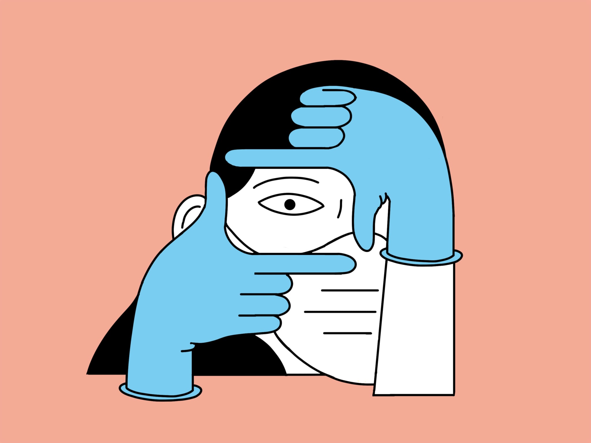 A colourful abstract illustration of a person holding their fingers in a way that frames their eye.
