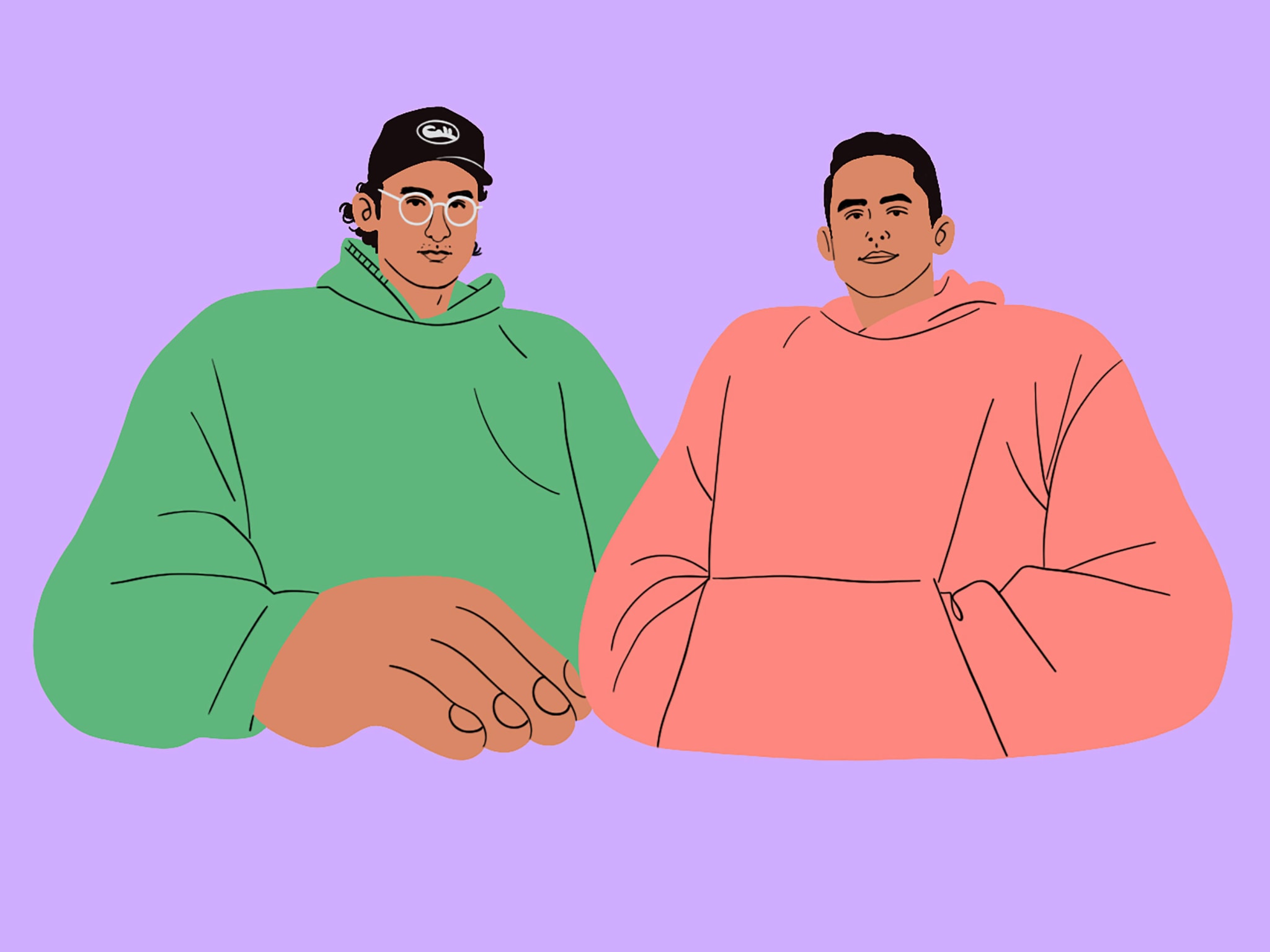 A colourful illustration of two men wearing hoodies.