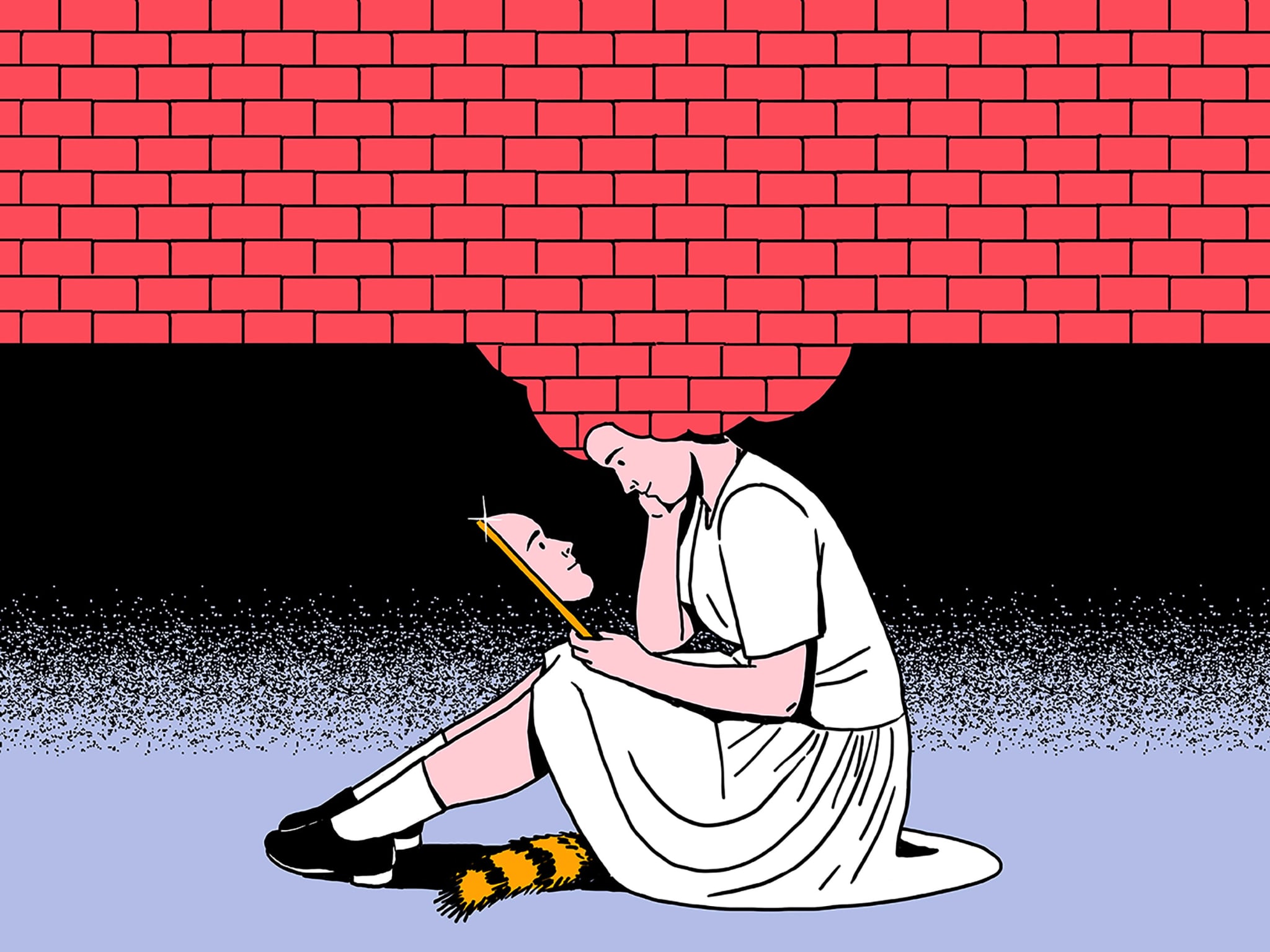 An illustration of a woman sitting under red brick wall looking at her face in a mirror.