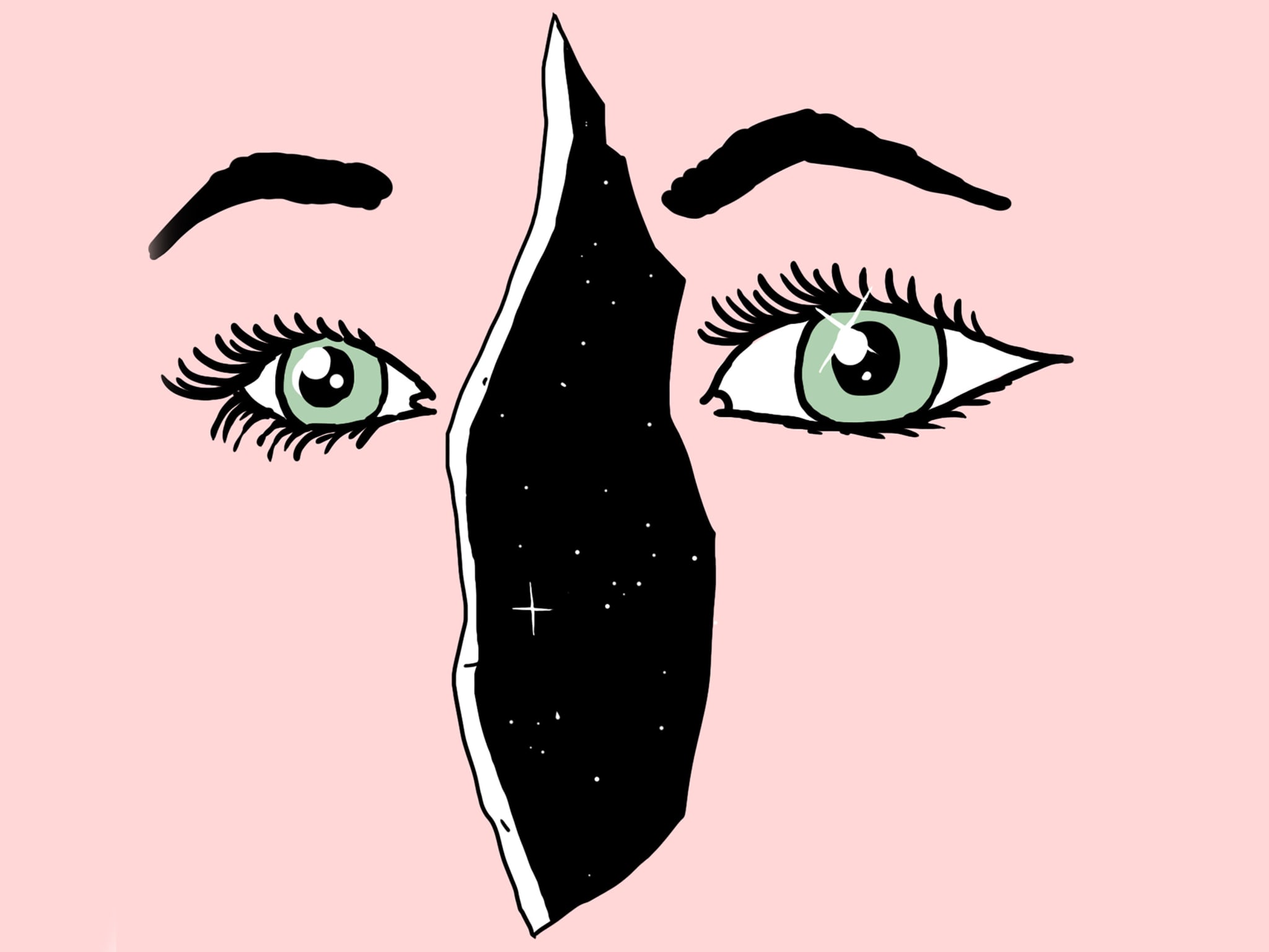 An illustration of a pink face with two eyes and a crack for a nose.