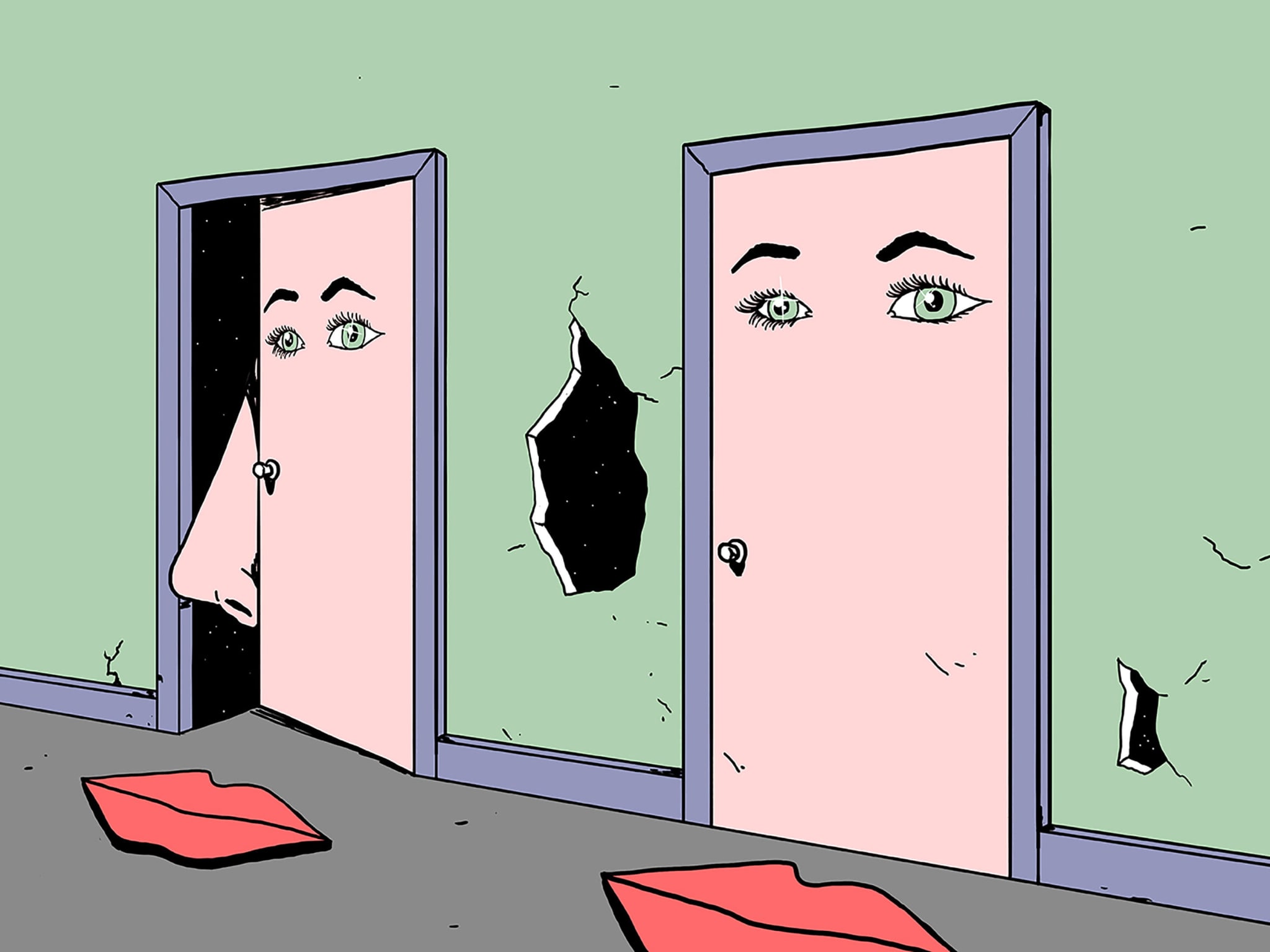 A creative illustration of two doors made out to be faces.