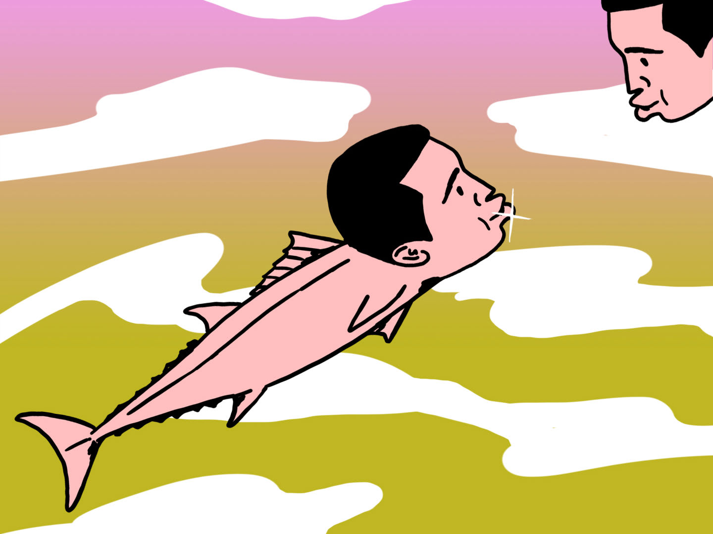 An illustration of two fish in the sea with the same human face.