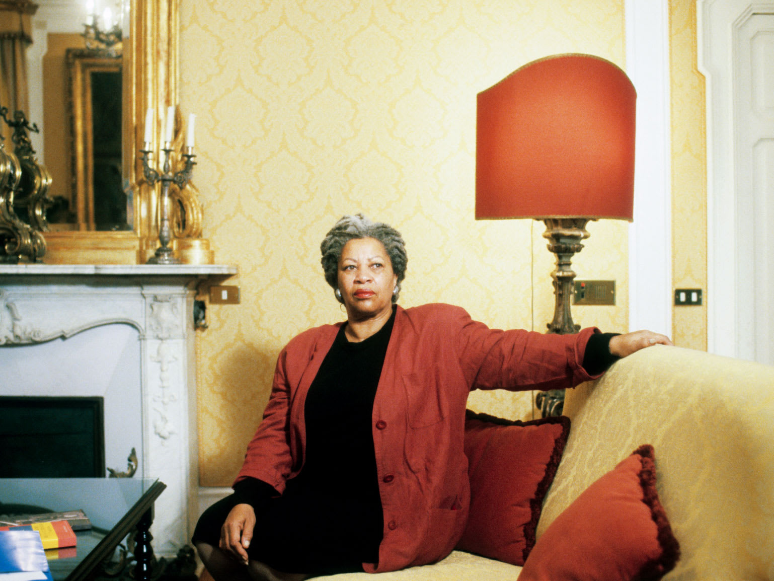 A woman sitting on a sofa.