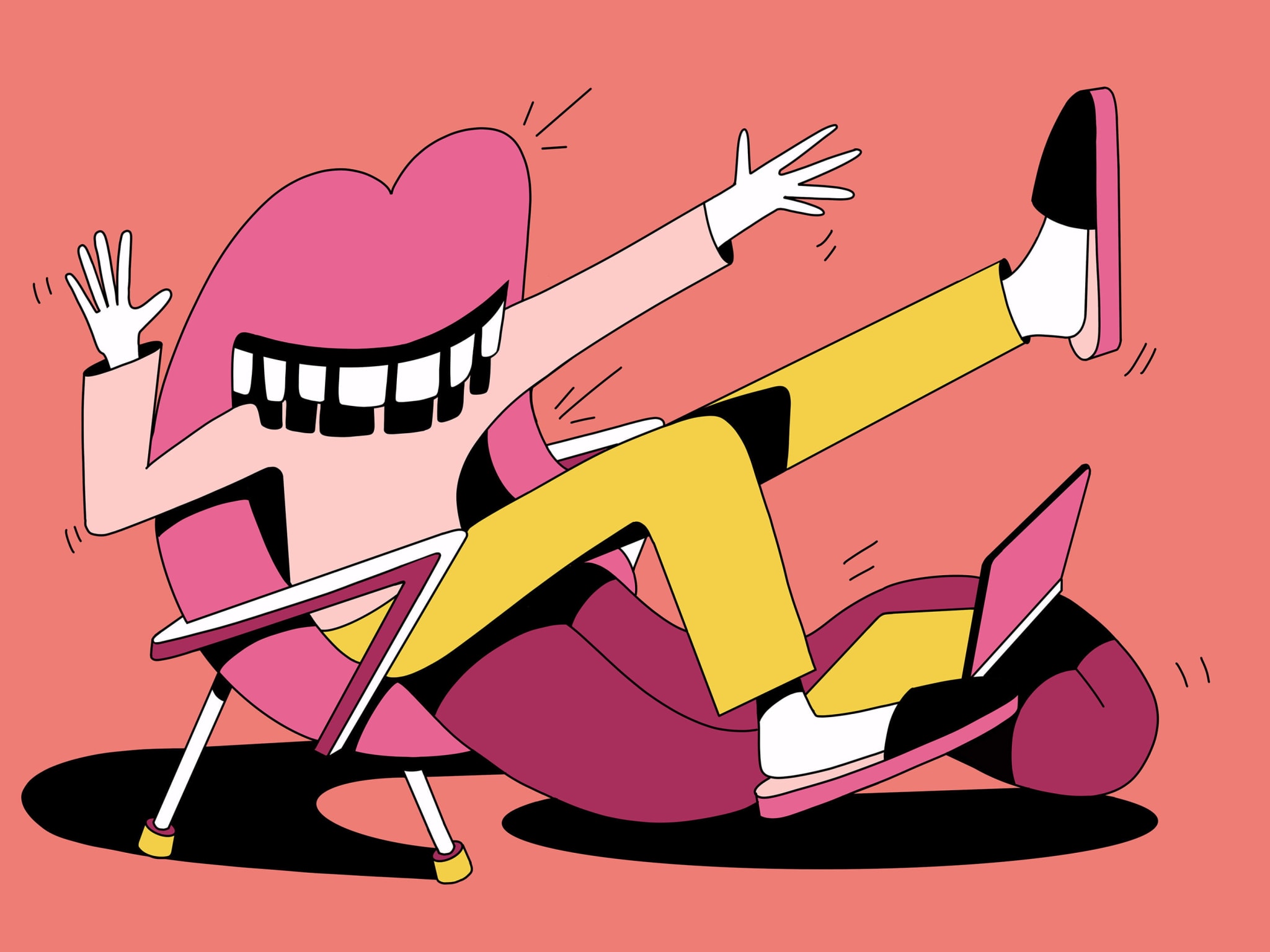 An illustration of a chair with a mouth eating a person trying to sit in it.