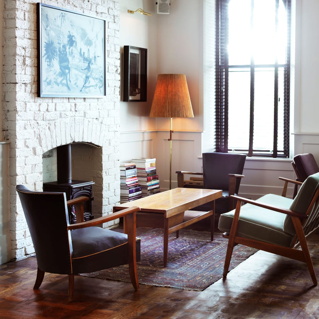 A corner of a white lounge-like interior.
