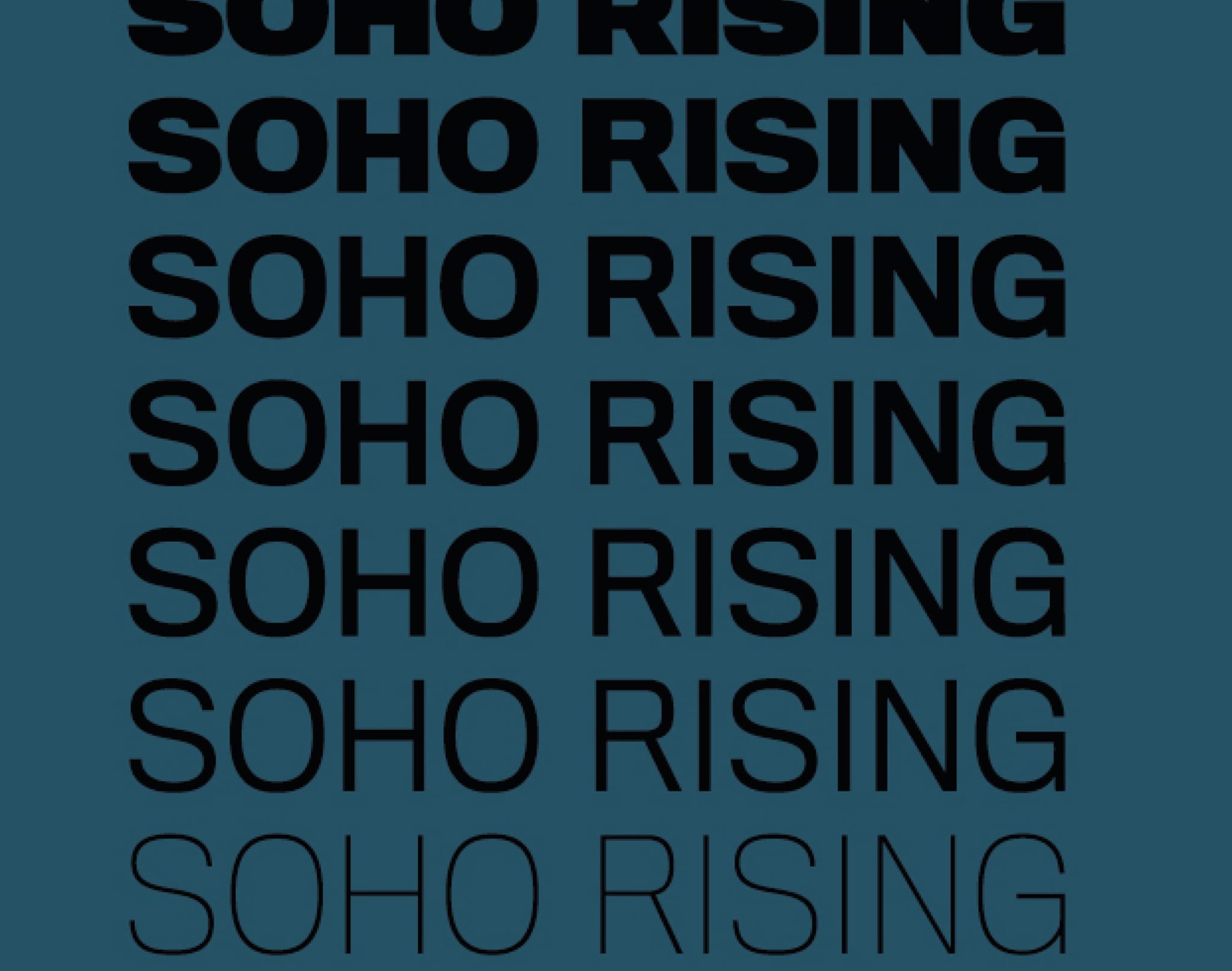 A logo with Soho Rising written 7 times.