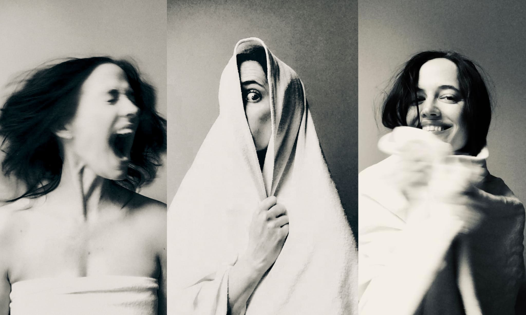 A collage of the same woman screaming, hiding and smiling behind a white blanket.