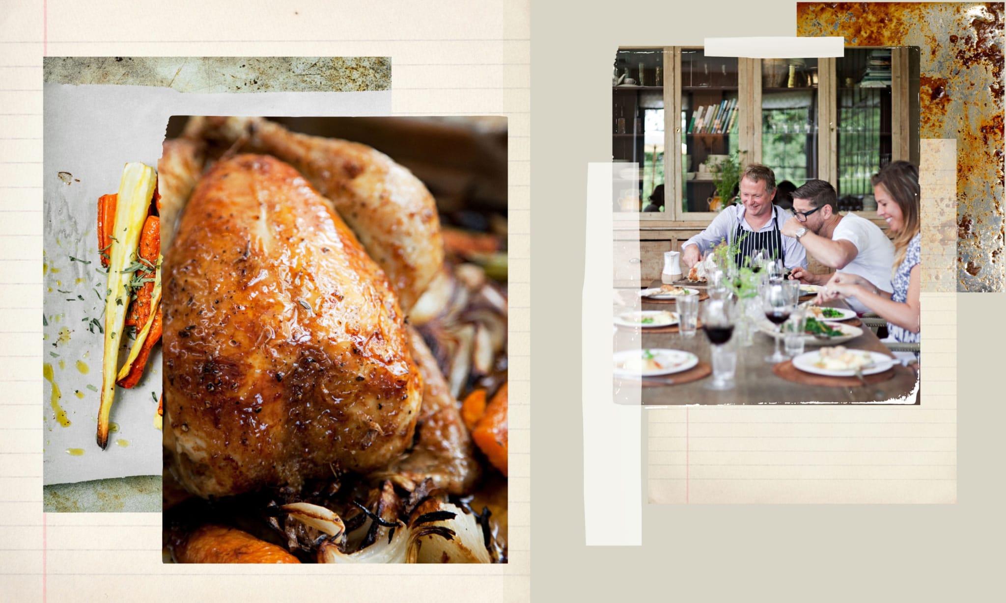 A collage of a roast chicken dinner.