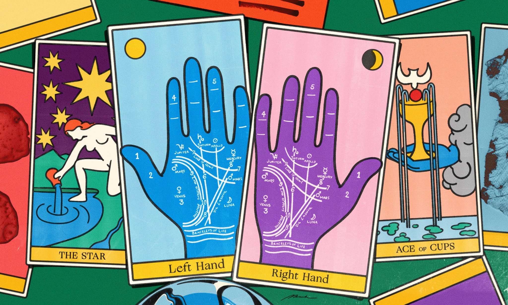 A colourful illustration of tarot cards with hands on them.