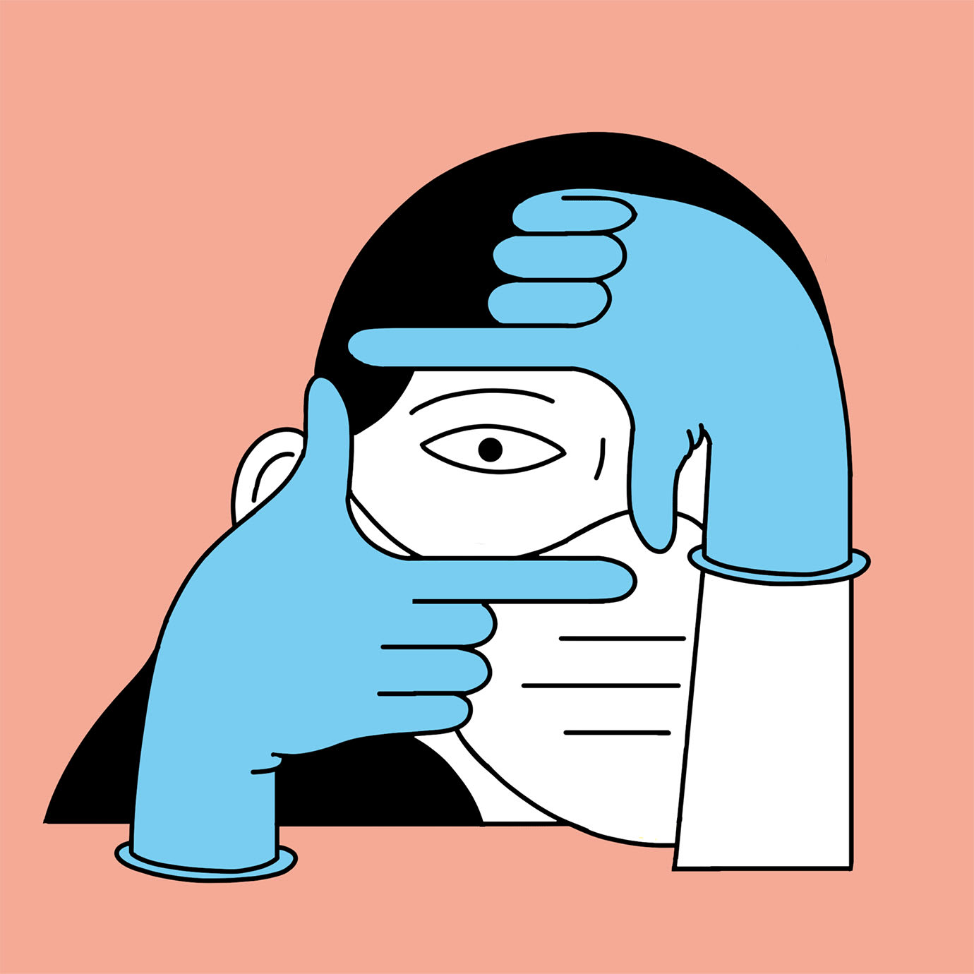 A colourful abstract illustration of a person holding their fingers in a way that frames their eye.