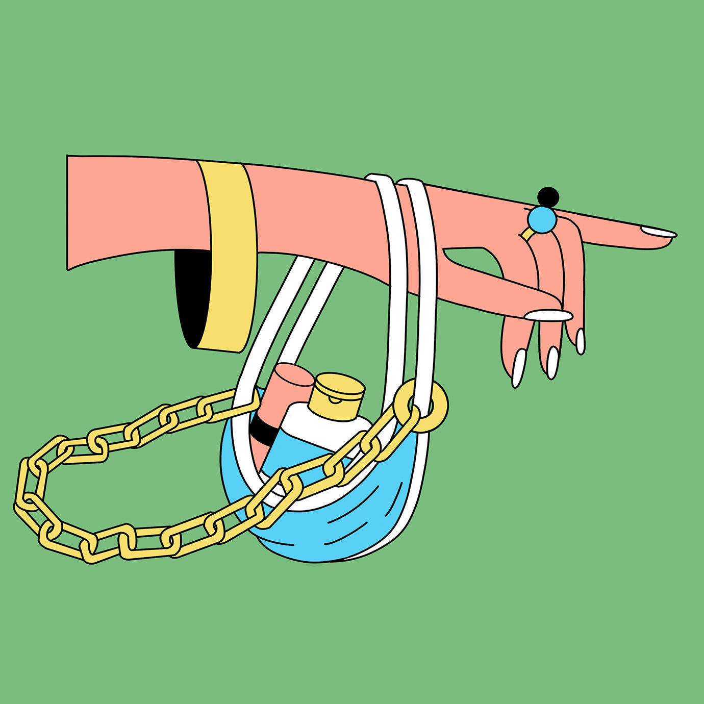 An illustration of an arm and hand holding a handbag.