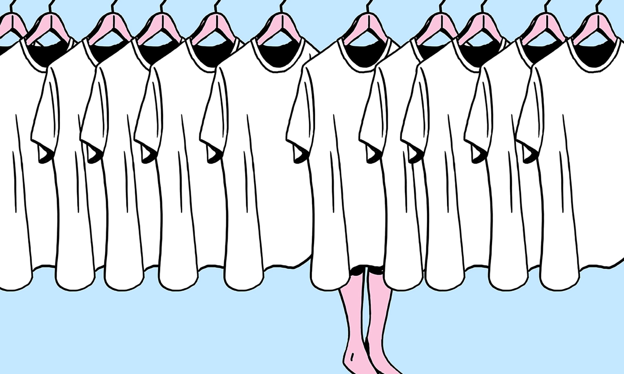 An illustration of white t-shirts on a clothing rail with a pair of legs coming out the bottom of one of them.