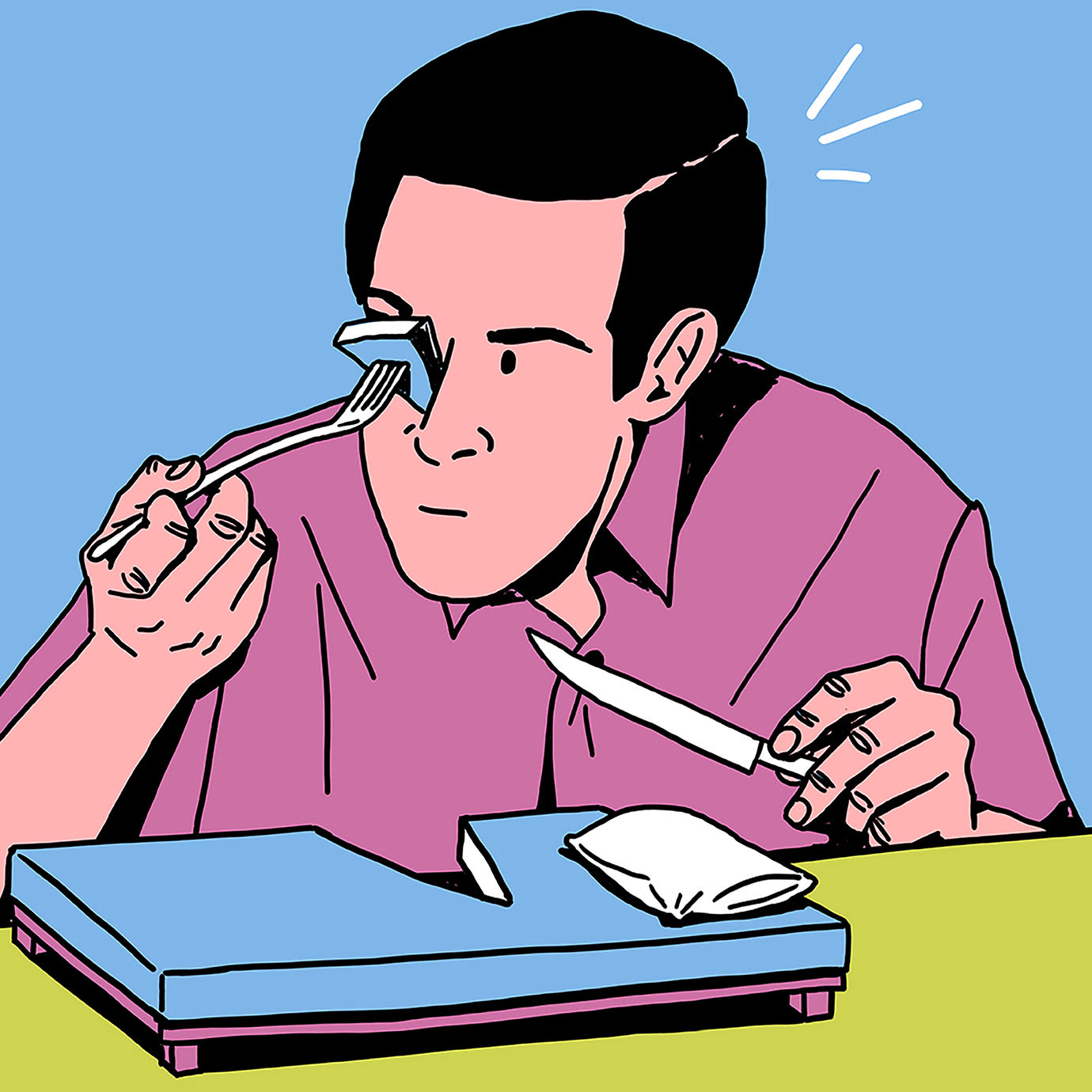 An illustration of a man eating a bed with a knife and fork but putting a slice in his eye.