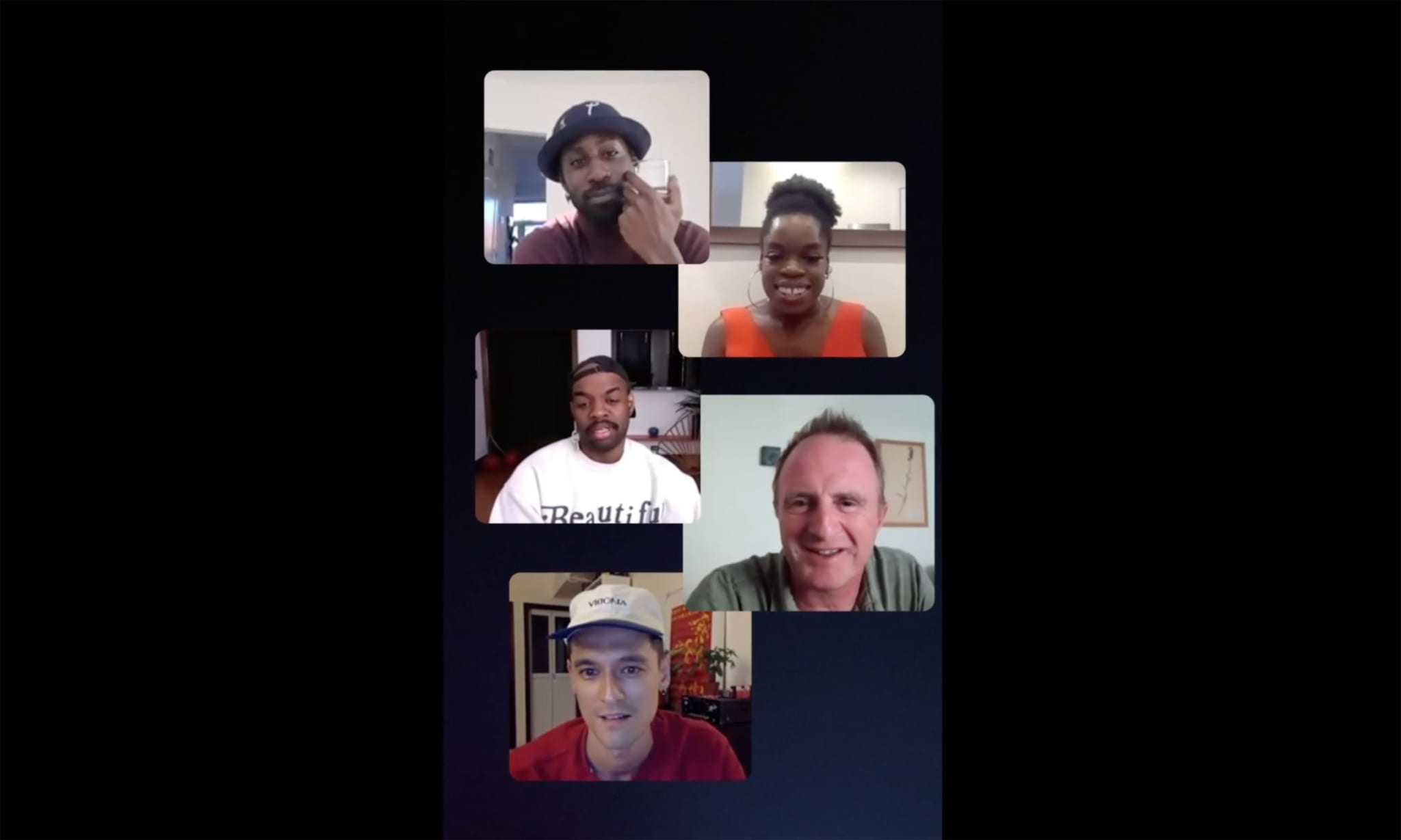 Five people having a video call conversation.