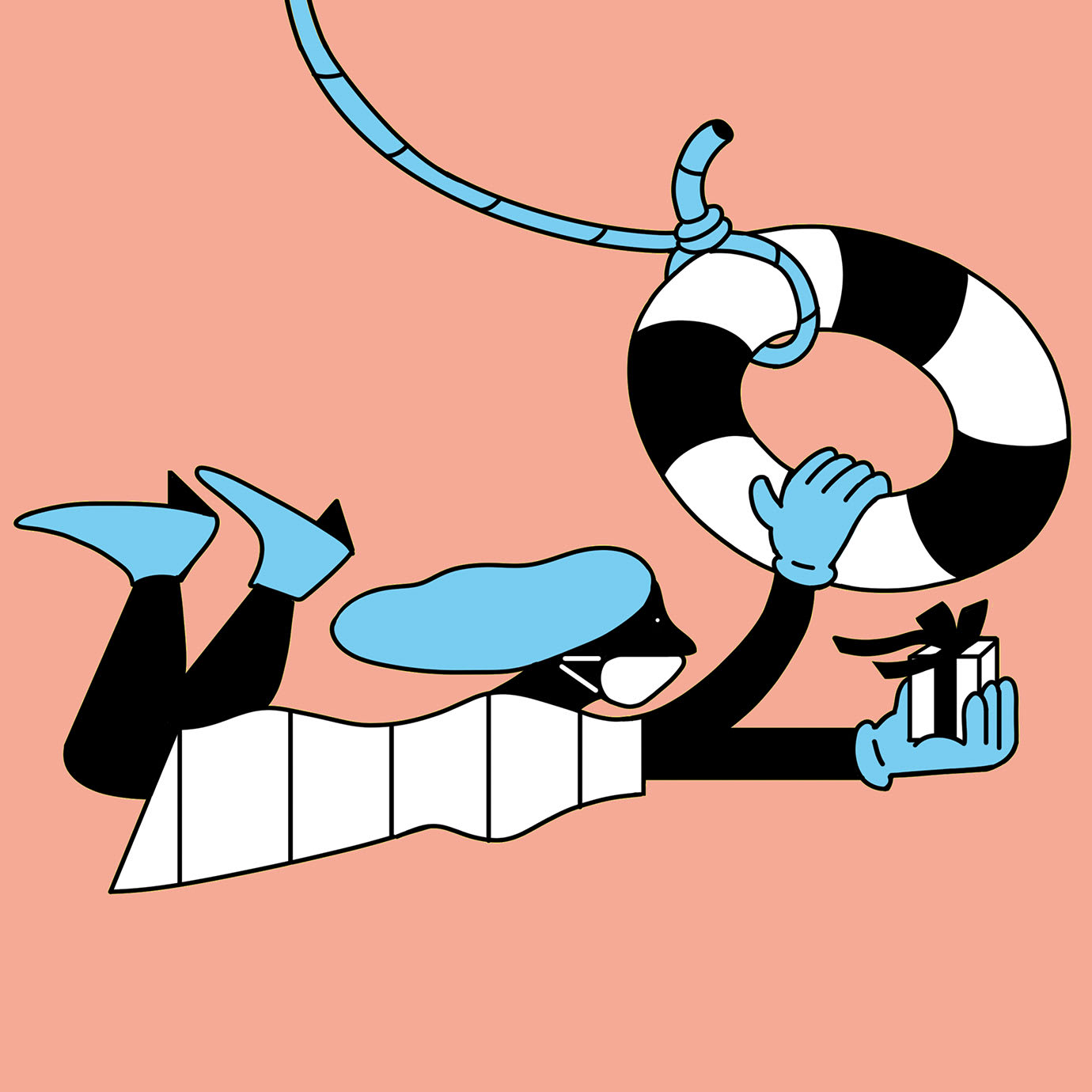An illustration of a person with long hair holding onto a life ring with one hand while holding a wrapped present in the other hand.