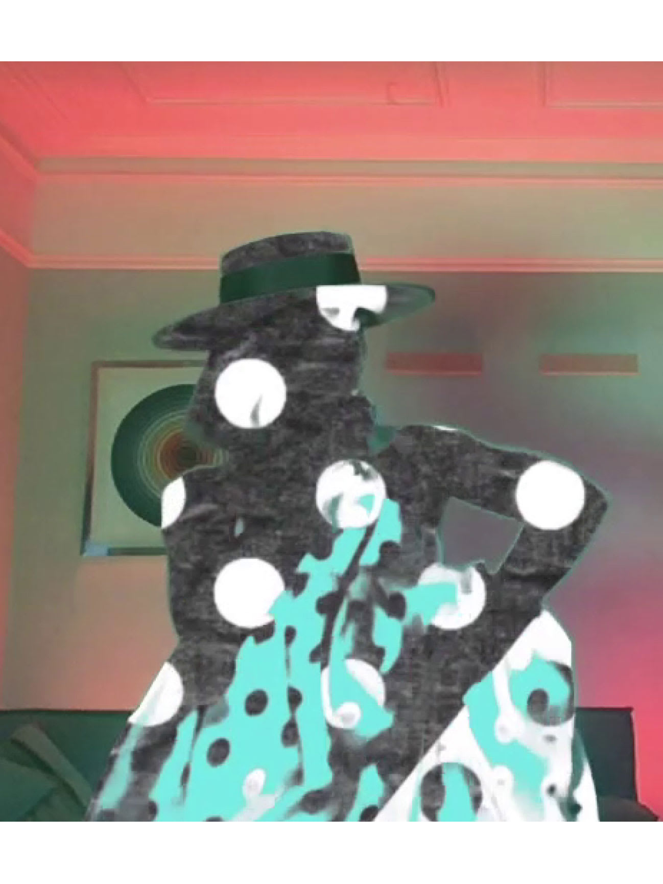A woman dancing in a living room with psychedelic effects.