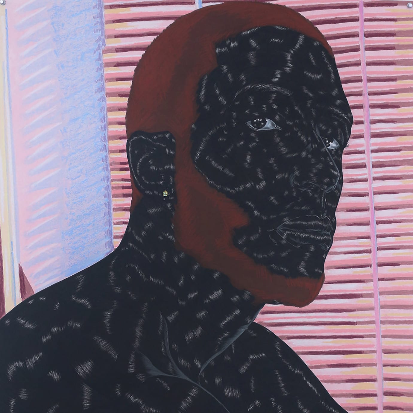 A painting of a black man with orange hair.
