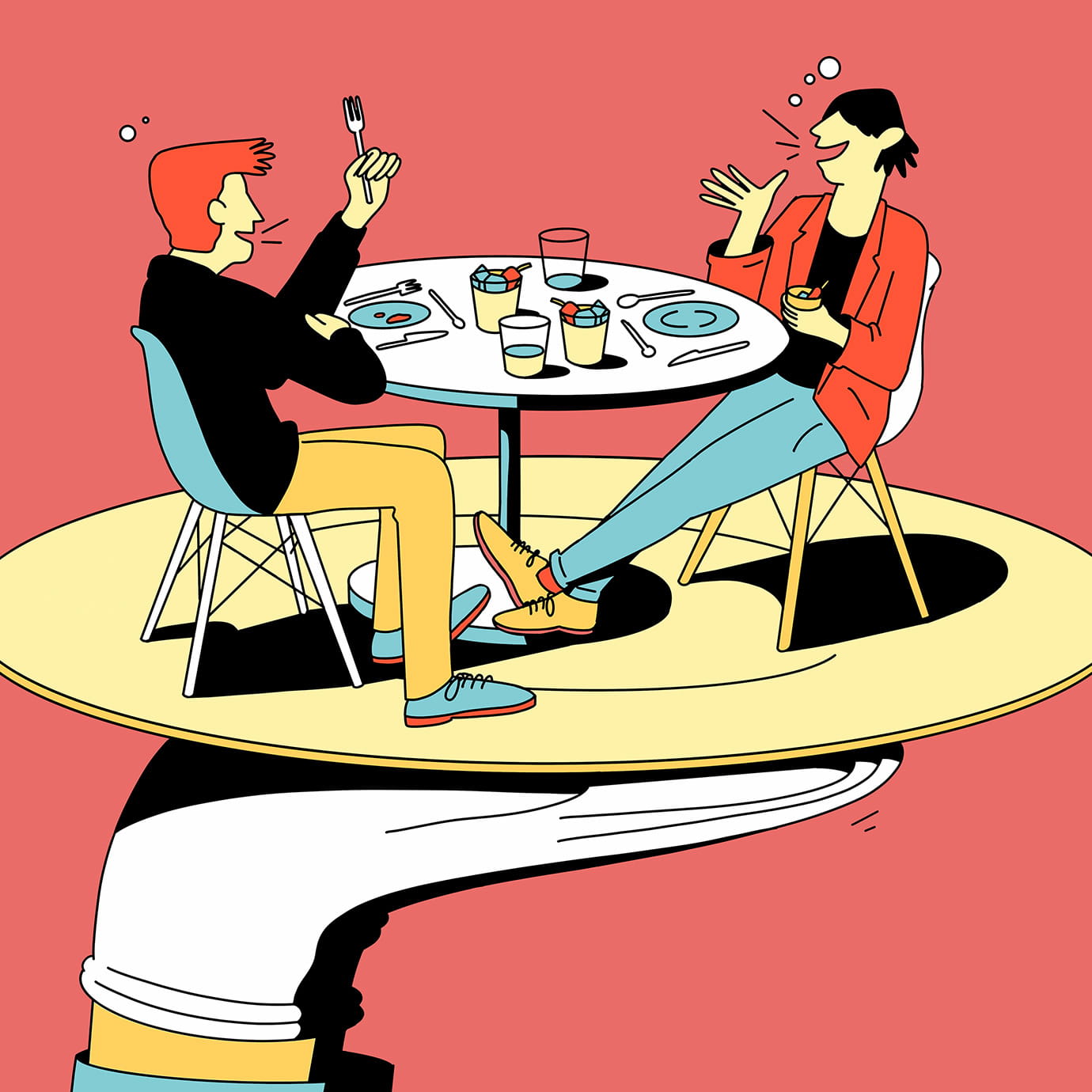 An illustration of two people eating at a table while themselves being served on a plate by a hand.