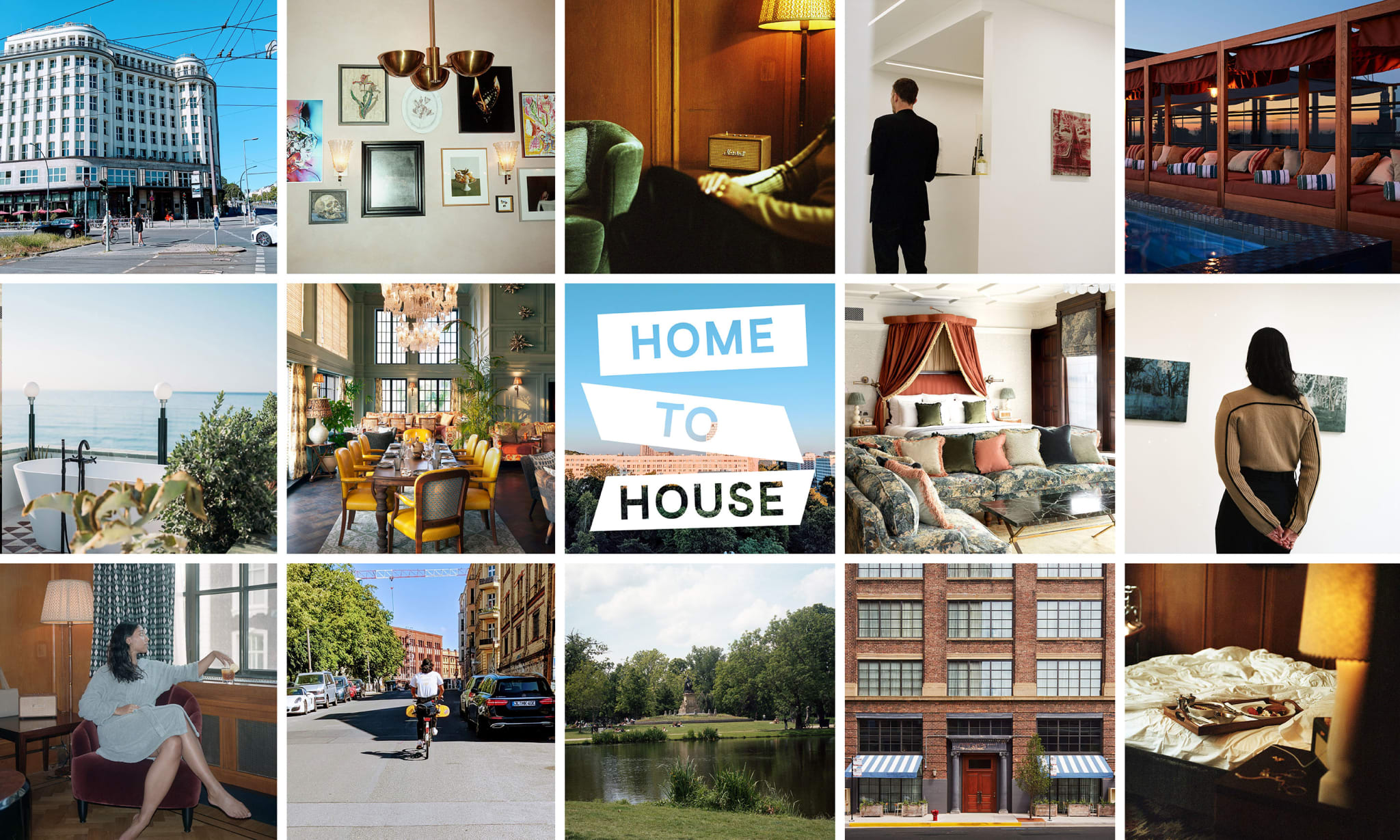 A collage of various travel images with Home To House written over it.