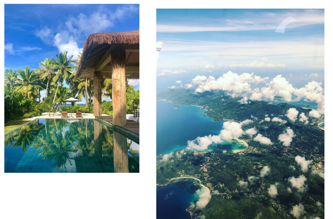 Poolside at a resort in the Seychelles and an aerial view out of the window of a plane.