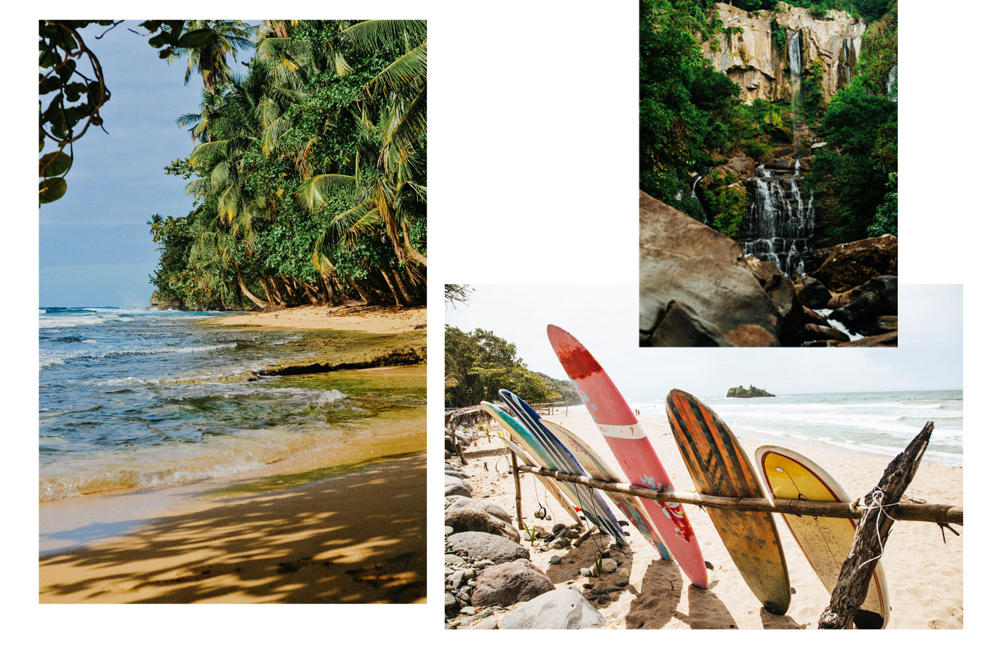 The beach, a waterfall and surf boards in Costa Rica.