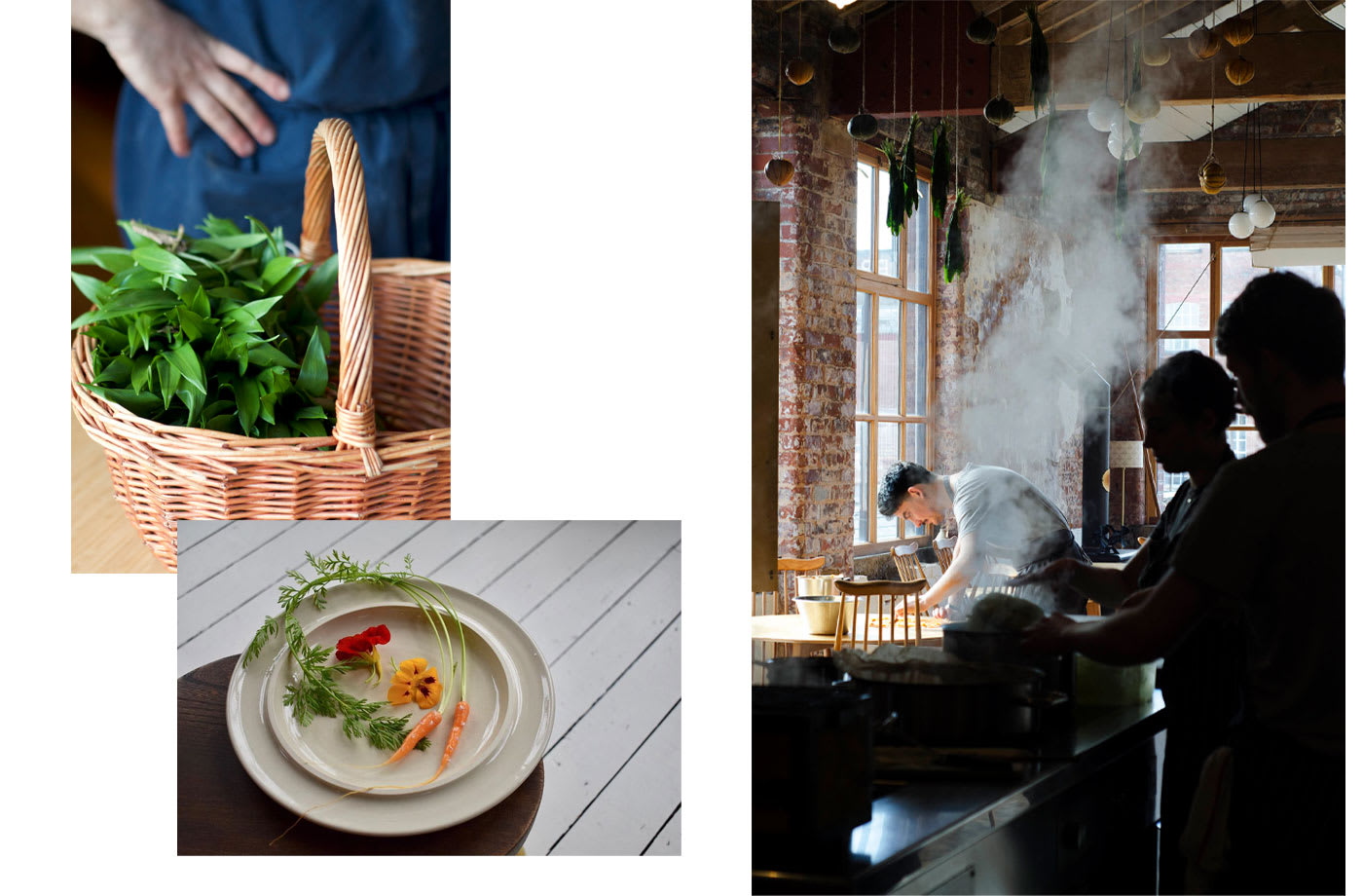 A basket with fresh green herbs in it, a plate with vegetables on it, a chef prepares food in a dining room with steam in the foreground.