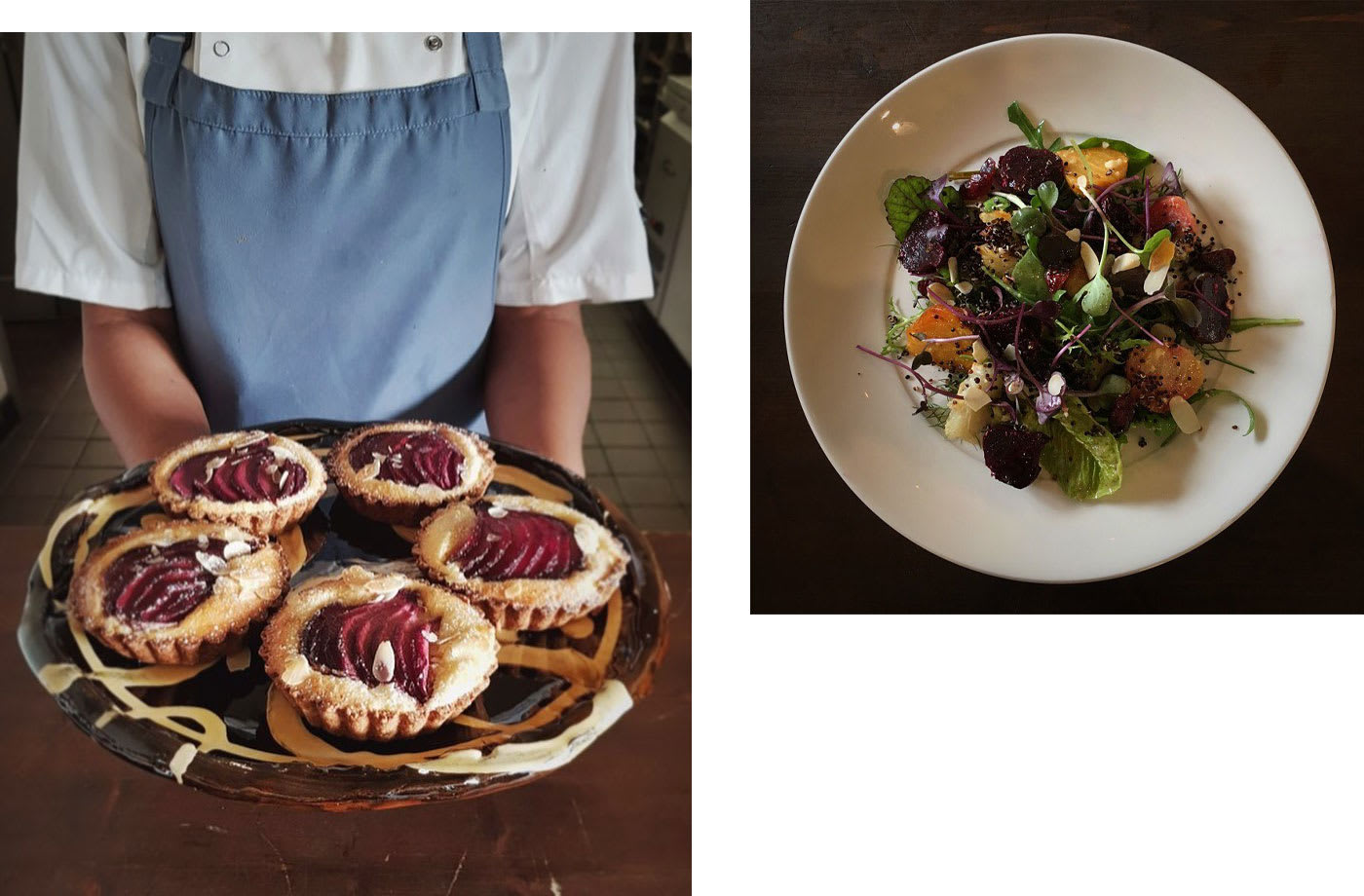 A woman holds a tray of delicate sweet pastries, and a well-dressed beetroot salad on a white plate.
