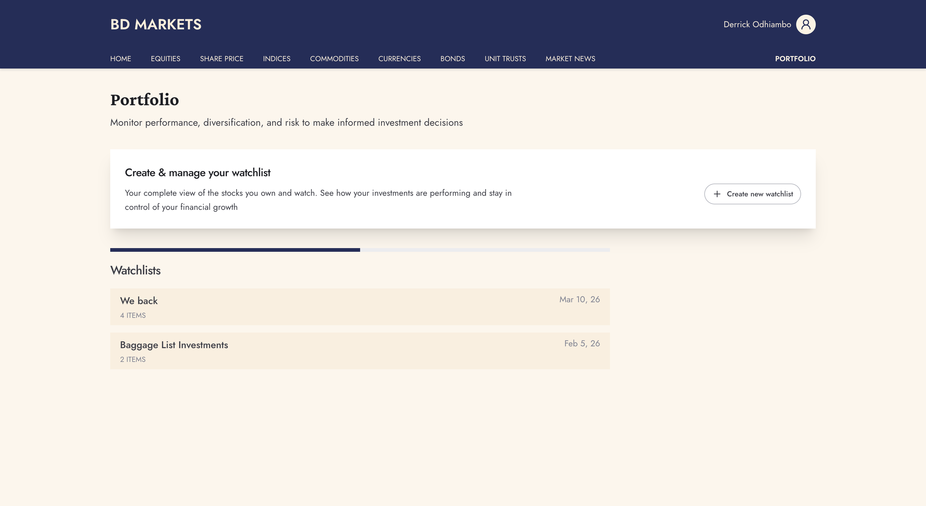 Portfolio management experience showing watchlists, holdings, and personalized investment tracking.