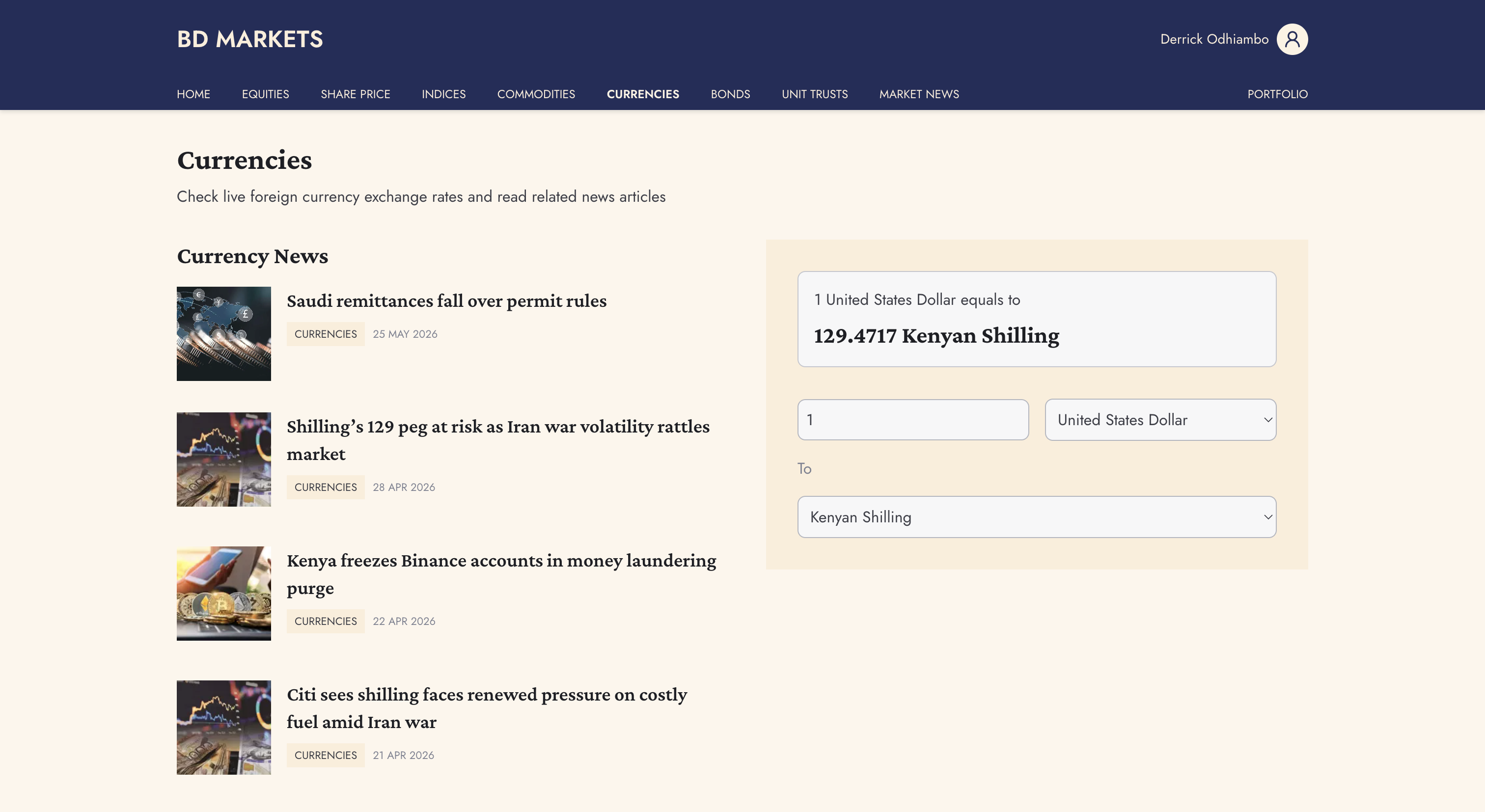 Currencies page featuring a live currency converter, exchange rates, and currency-focused news.