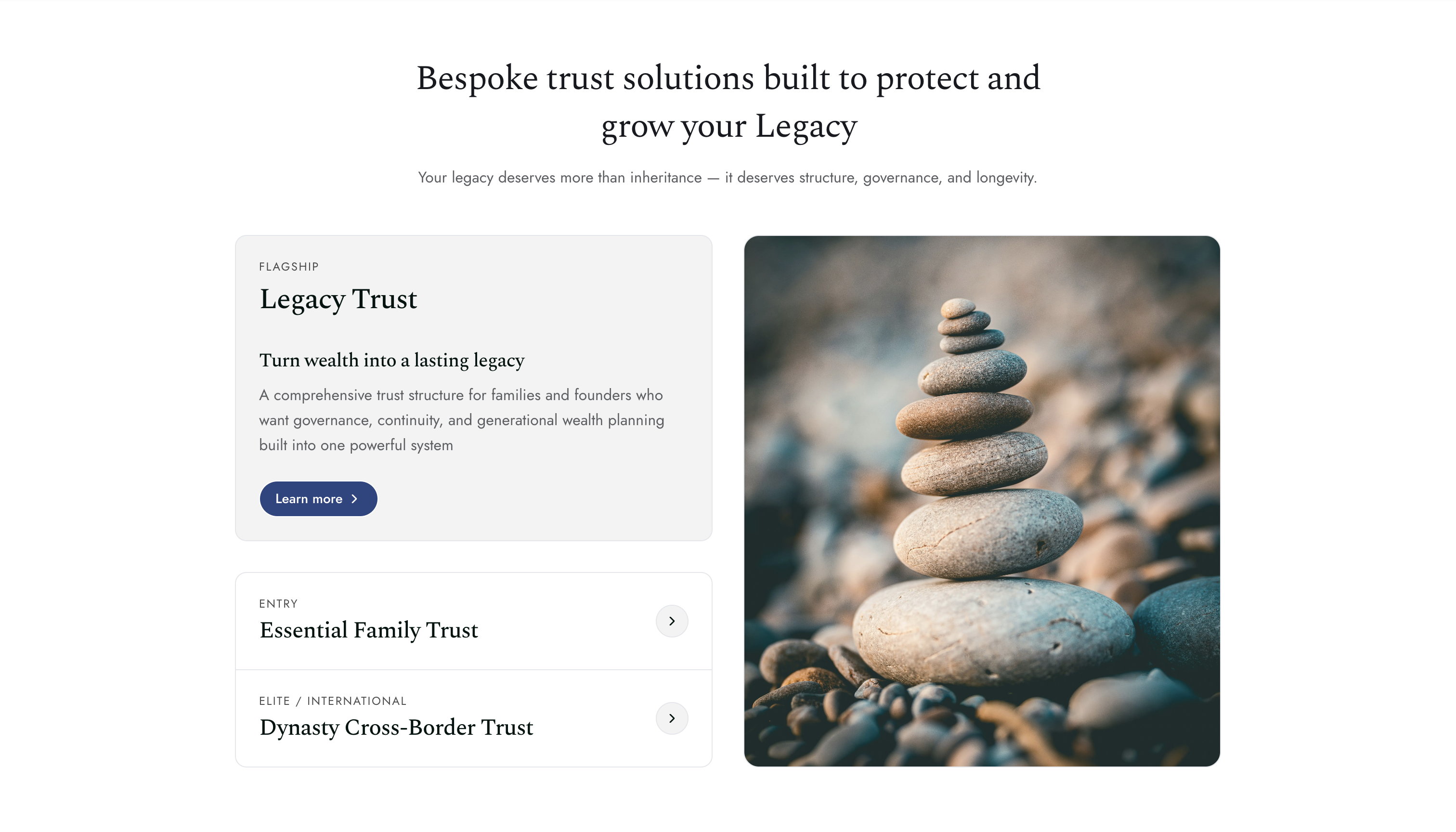 Trust solutions section showcasing different trust structures and planning options.