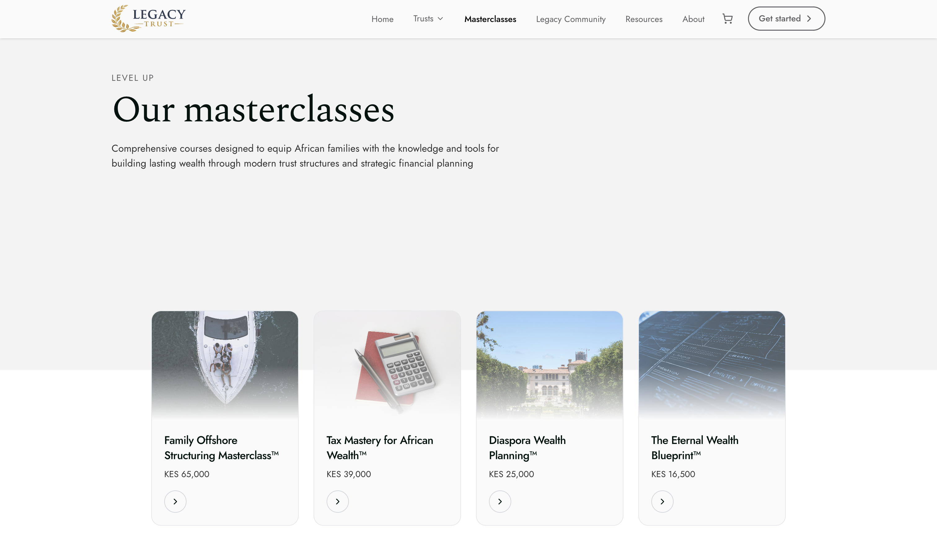 Masterclass listing page featuring educational programs and learning resources.