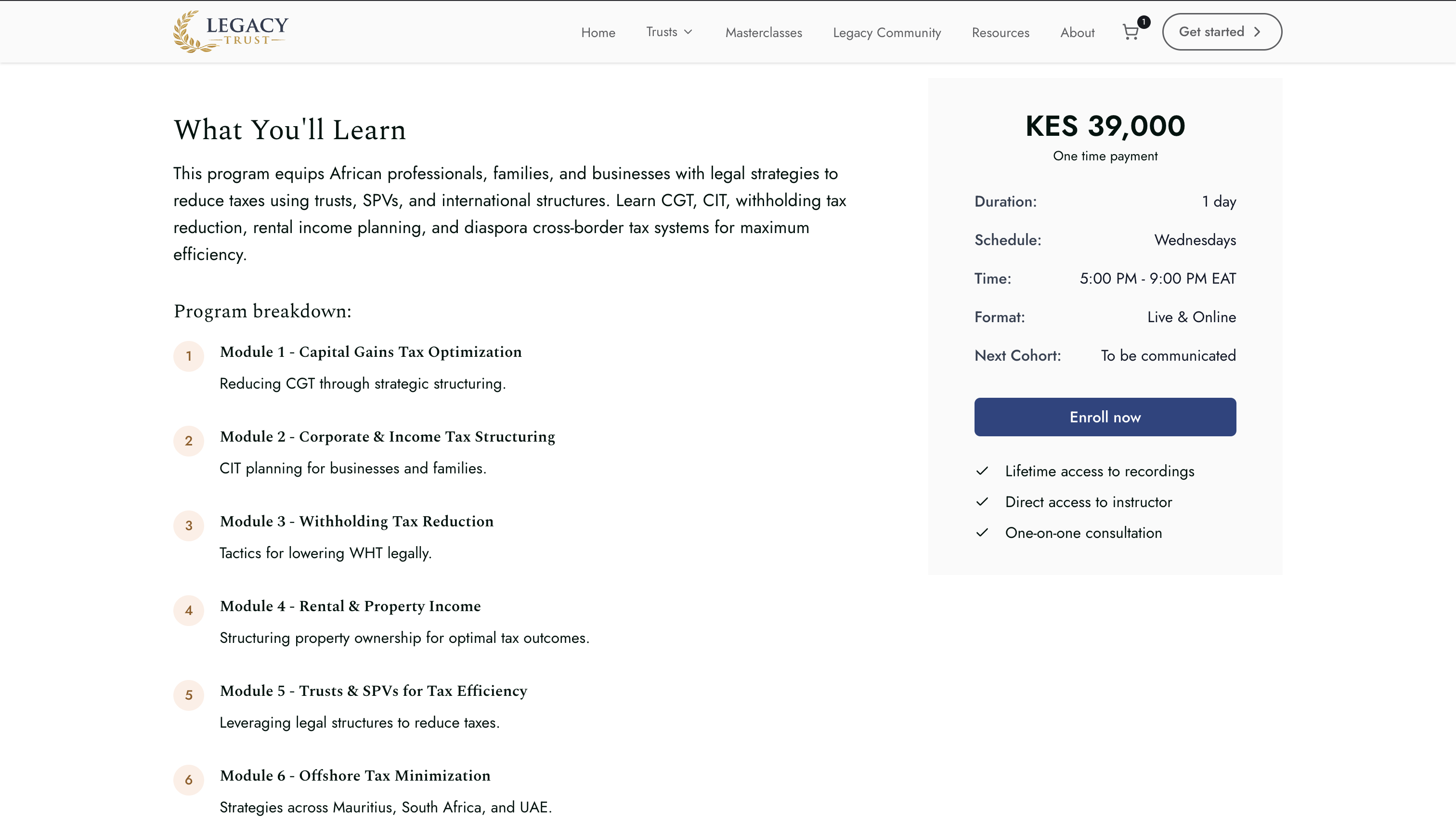 Single masterclass page with course details, learning outcomes, and enrollment information.