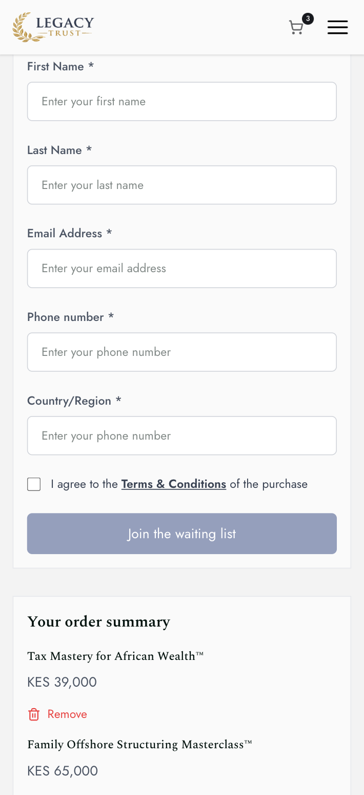Checkout page for completing purchases and registrations.