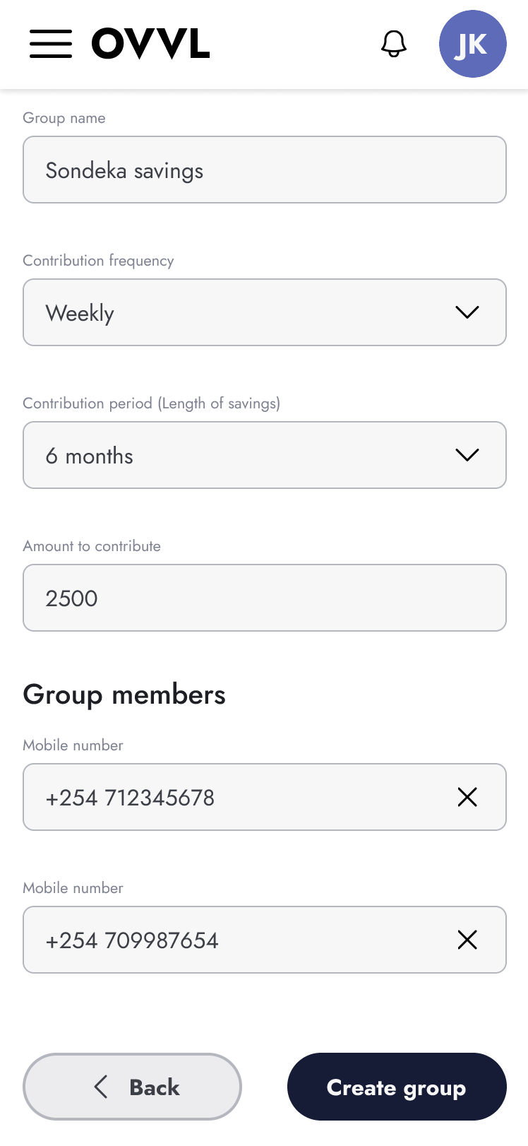 Create group page with contribution settings and member configuration.