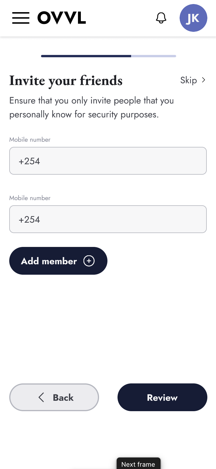 Invite friends page allowing users to add group members.