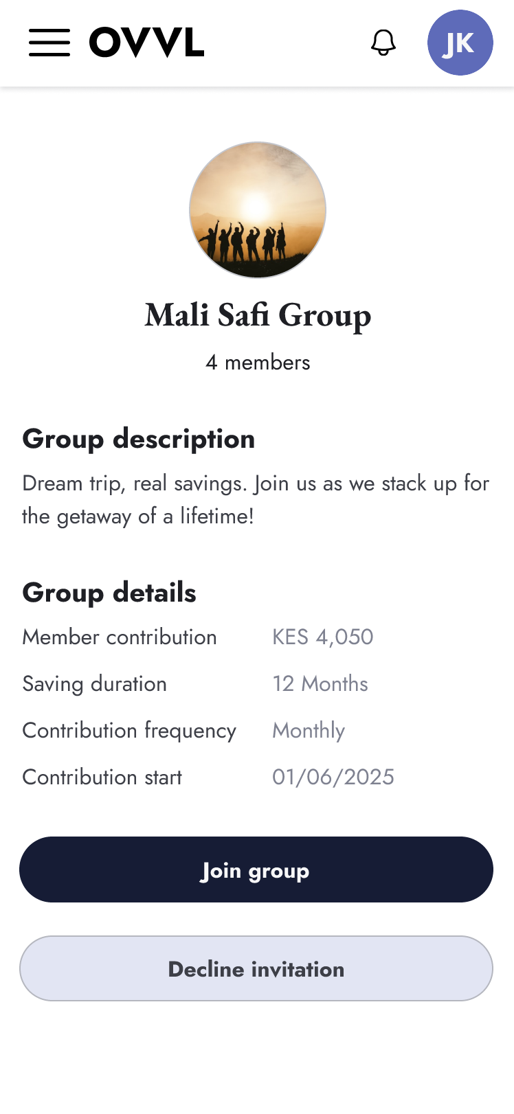Invitation review screen showing group details before joining.