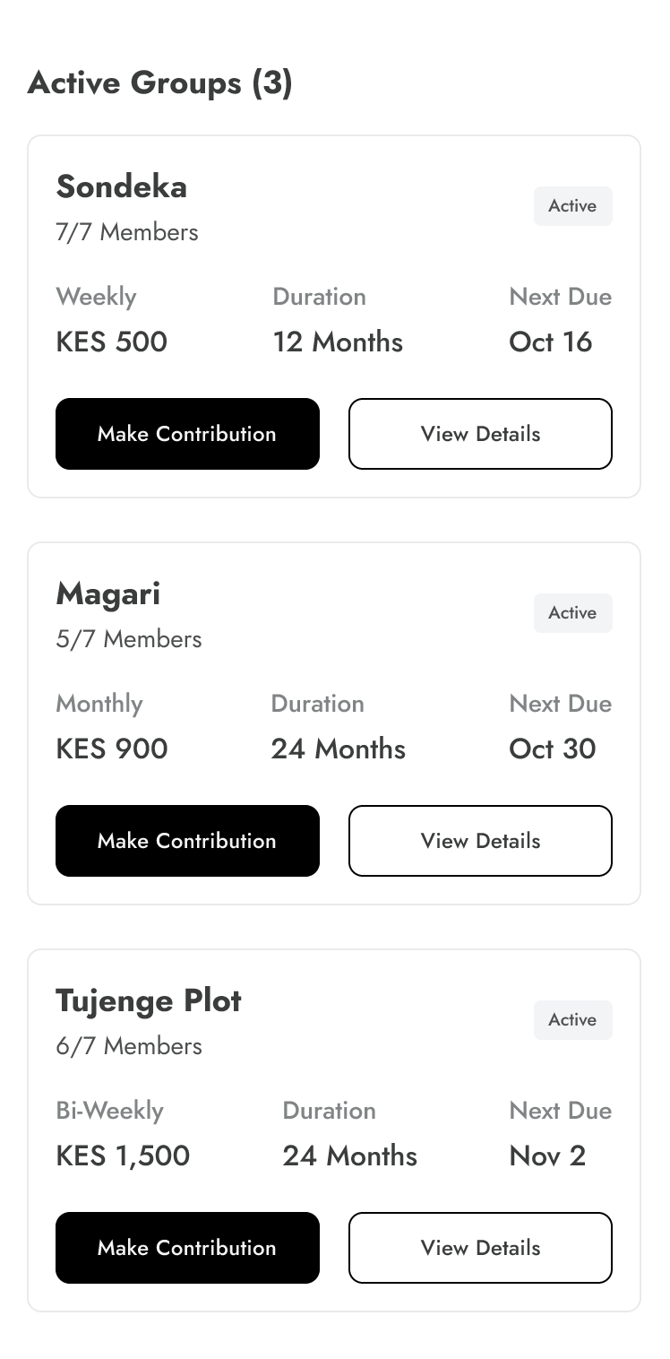 Overview page displaying multiple active savings groups.