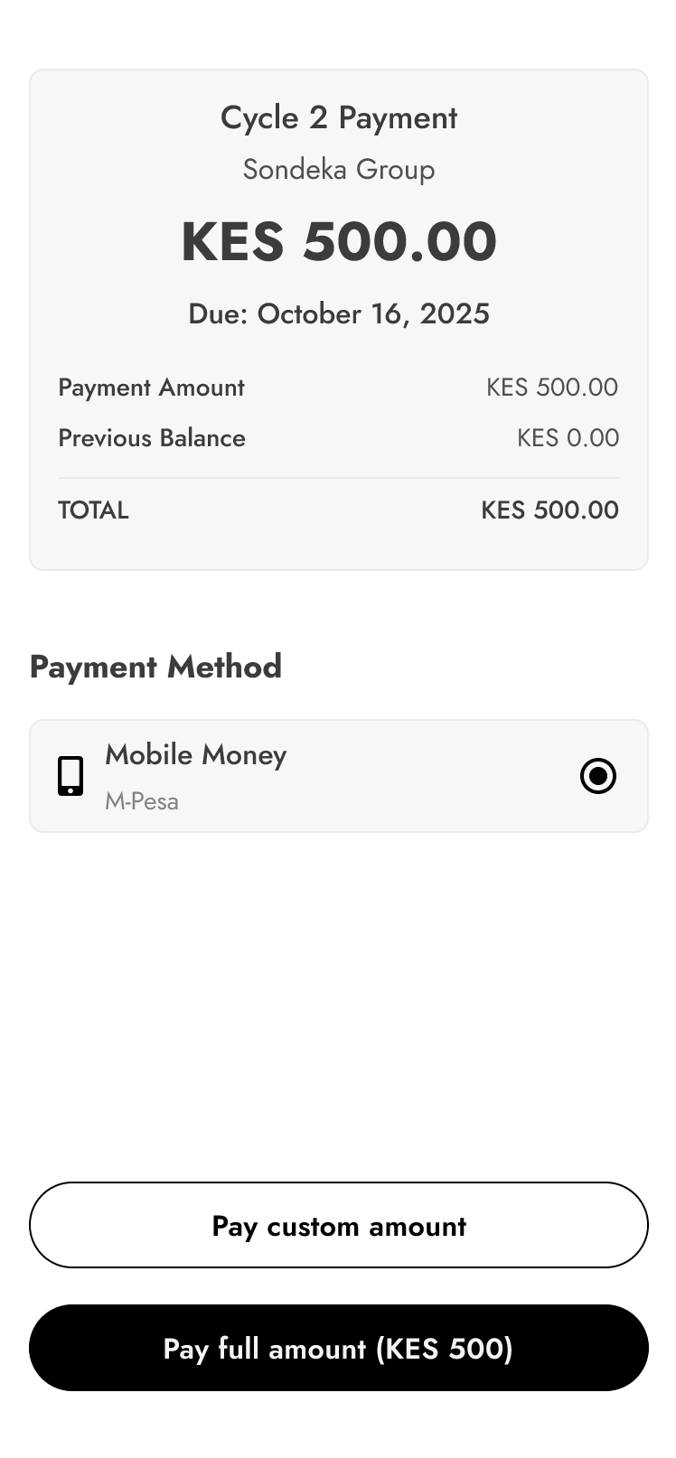 Payment method selection screen.