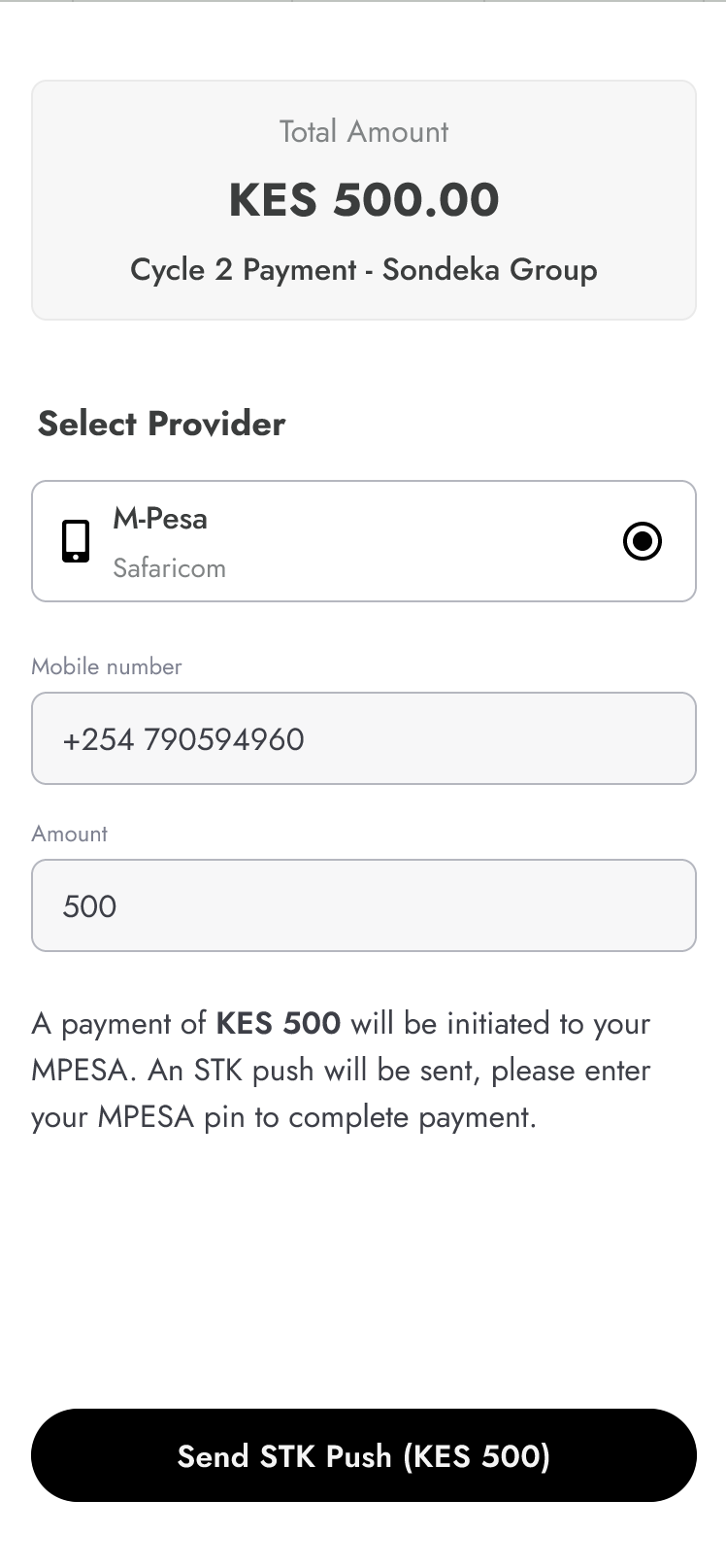 M-Pesa contribution journey showing payment authorization.