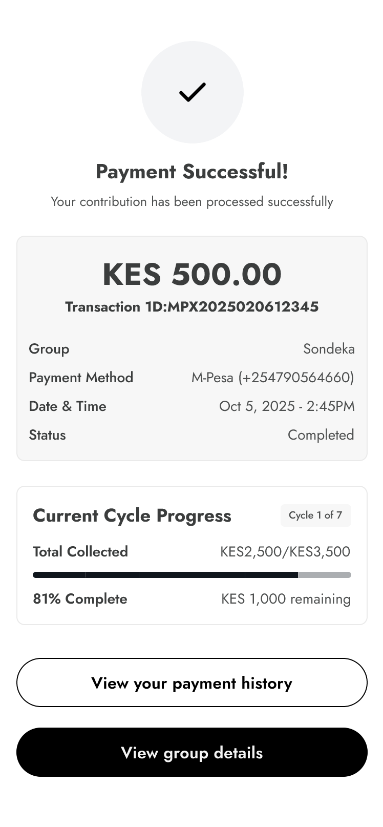 Successful payment confirmation screen.