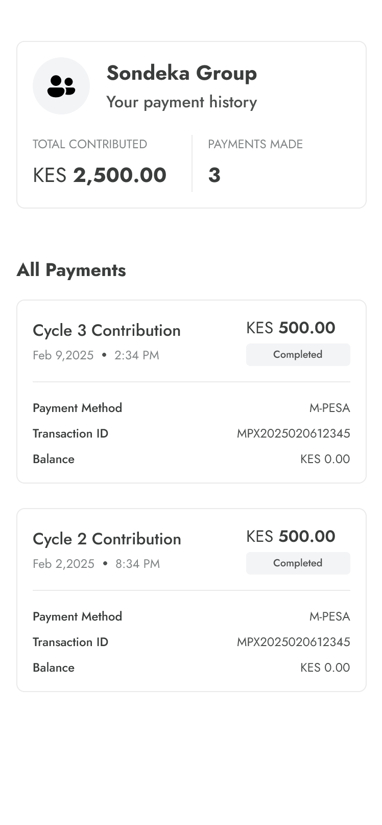 Transaction history showing all completed contributions and disbursements.