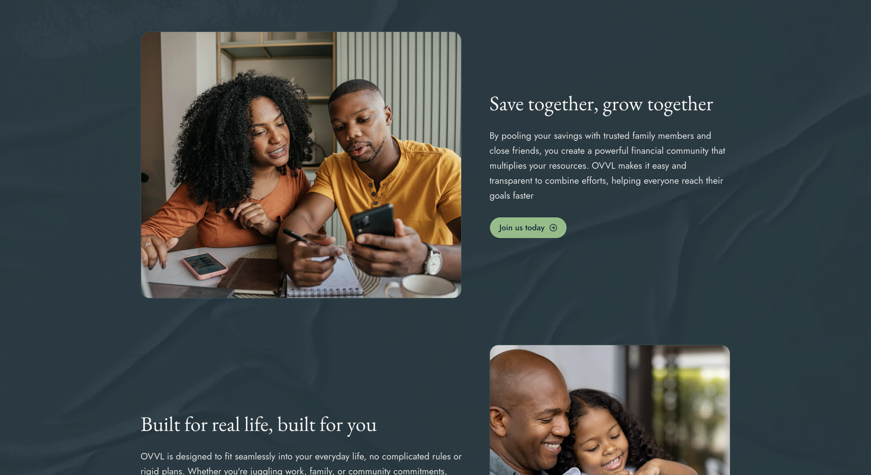 OVVL value proposition section highlighting collaborative savings and automation.