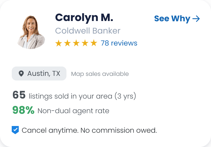 Carolyn M.’s vetted agent profile showing reviews, dual agency rate, and contract flexibility.