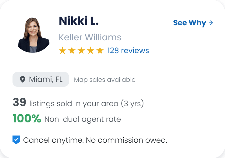 Nikki L.’s profile card as a vetted agent, with non-dual agency rate and seller-friendly contract terms.