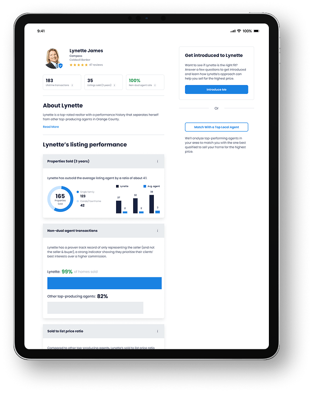 Tablet showing a SoldNest real estate agent dashboard with referral details and listing performance.