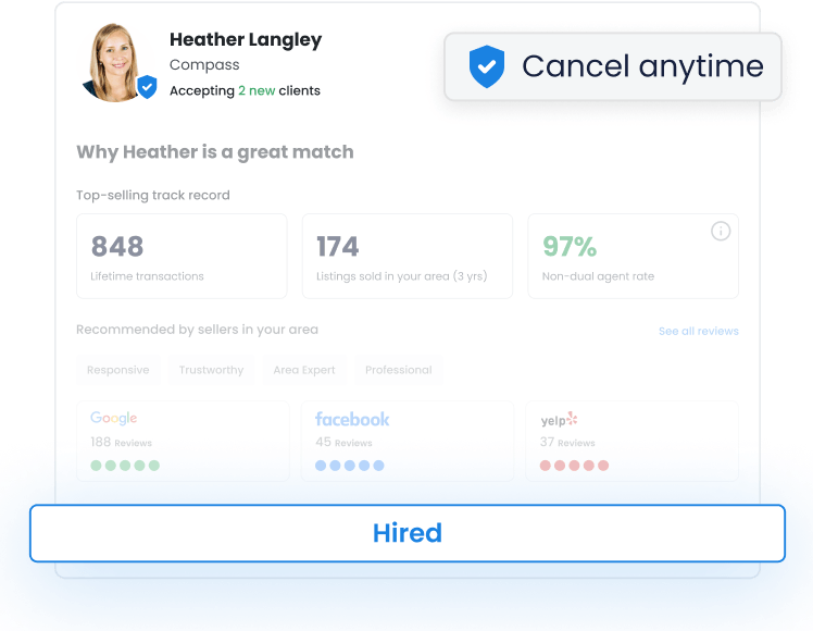 Real estate agent profile showing hired status and cancel anytime badge for no-risk listing agreement